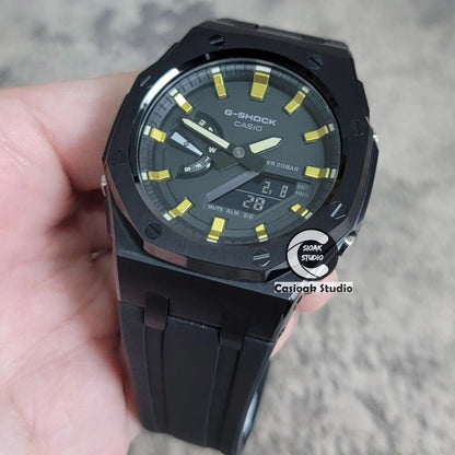 Casioak Mod Watch Offshore Superior Black Case Black Rubber Strap Black Gold Time Mark Black Dial 44mm- Casioak Mod Casio G-Shock Royal Oak Custom Mens Luxury Watches Ga2100