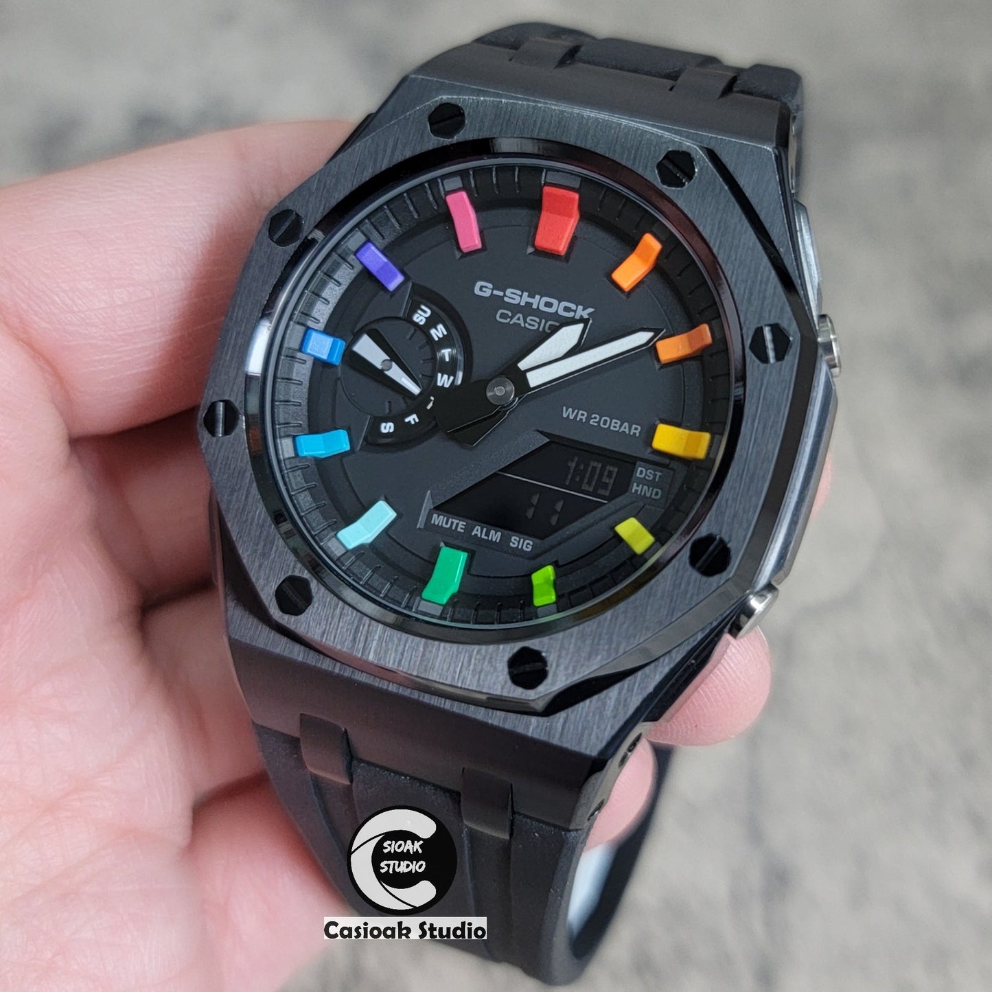 Casioak Mod Watch Offshore Superior Black Case Black Rubber Strap Black Rainbow Time Mark Black Dial 44mm- Casioak Mod Casio G-Shock Royal Oak Custom Mens Luxury Watches Ga2100