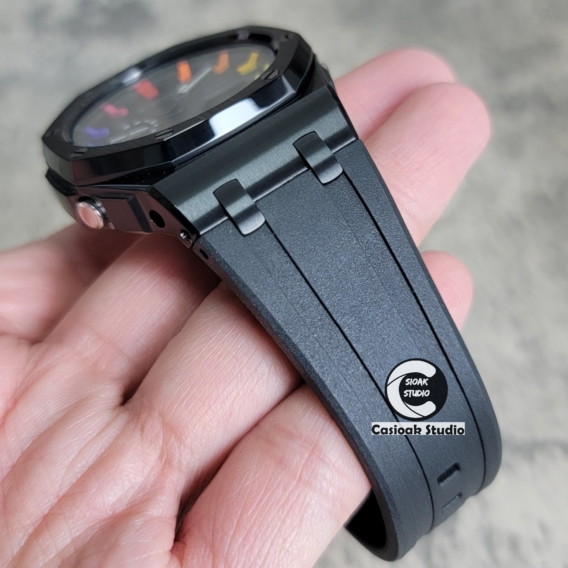 Casioak Mod Watch Offshore Superior Black Case Black Rubber Strap Black Rainbow Time Mark Black Dial 44mm- Casioak Mod Casio G-Shock Royal Oak Custom Mens Luxury Watches Ga2100