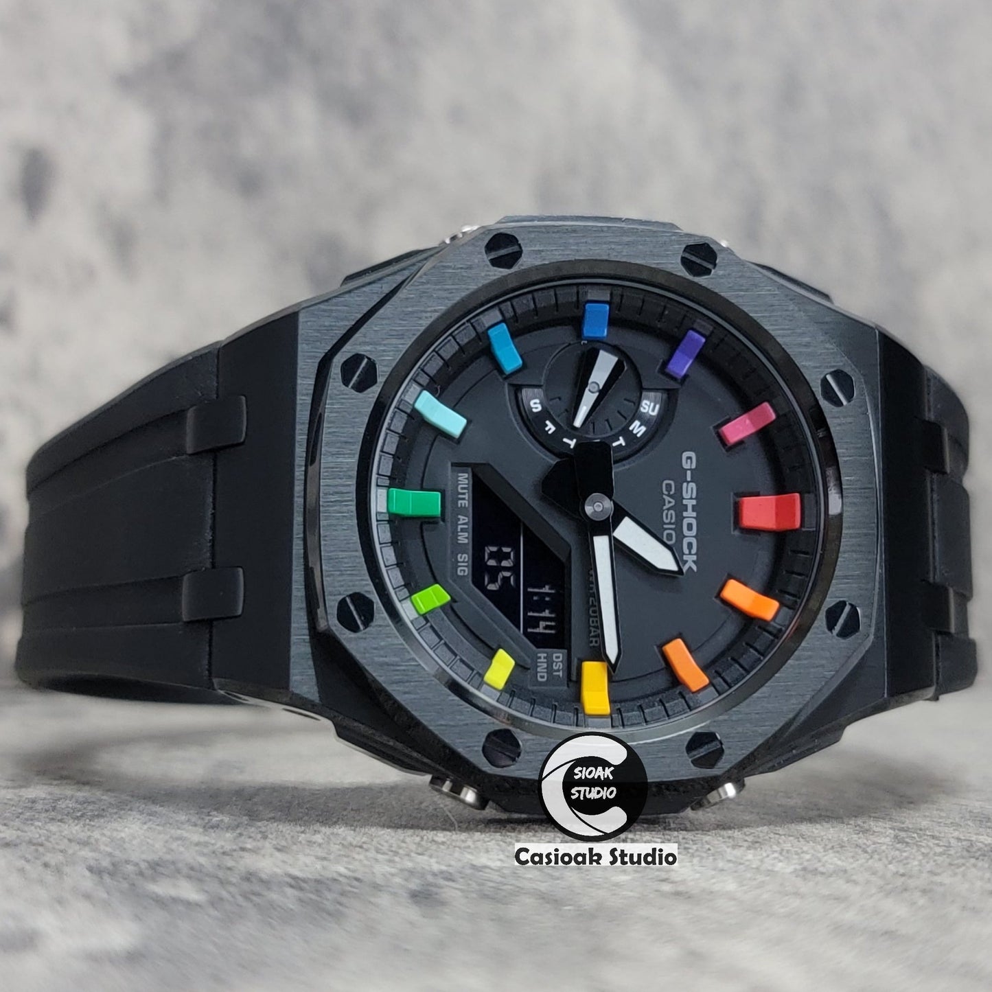 Casioak Mod Watch Offshore Superior Black Case Black Rubber Strap Black Rainbow Time Mark Black Dial 44mm- Casioak Mod Casio G-Shock Royal Oak Custom Mens Luxury Watches Ga2100