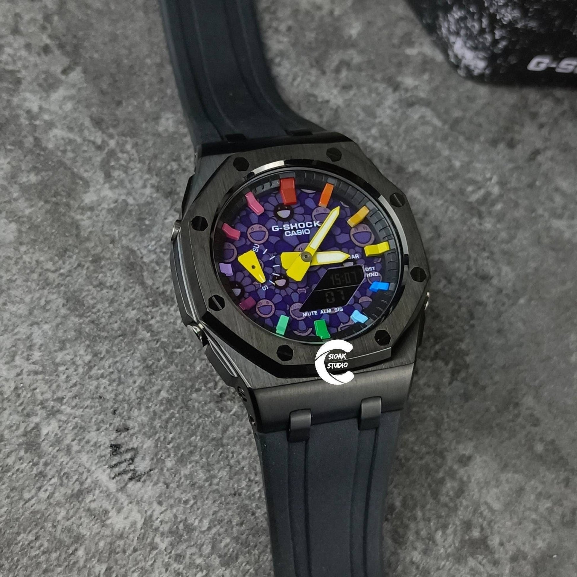 Casioak Mod Watch Offshore Superior Black Case Black Rubber Strap Black Rainbow Time Mark Takashi Murakami Dial 44mm- Casioak Mod Casio G-Shock Royal Oak Custom Mens Luxury Watches Ga2100