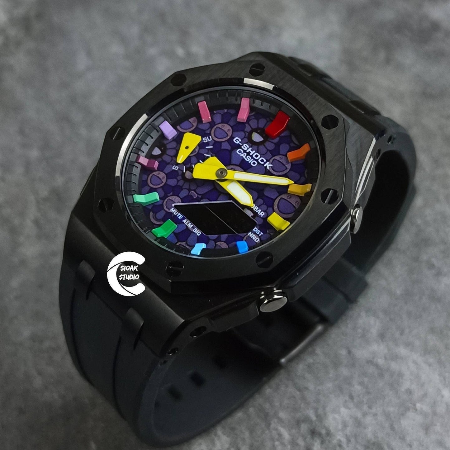 Casioak Mod Watch Offshore Superior Black Case Black Rubber Strap Black Rainbow Time Mark Takashi Murakami Dial 44mm- Casioak Mod Casio G-Shock Royal Oak Custom Mens Luxury Watches Ga2100