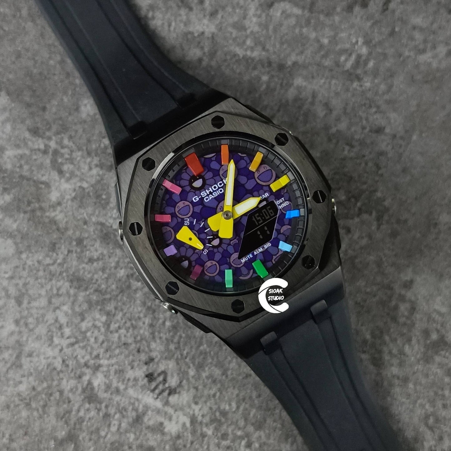 Casioak Mod Watch Offshore Superior Black Case Black Rubber Strap Black Rainbow Time Mark Takashi Murakami Dial 44mm- Casioak Mod Casio G-Shock Royal Oak Custom Mens Luxury Watches Ga2100