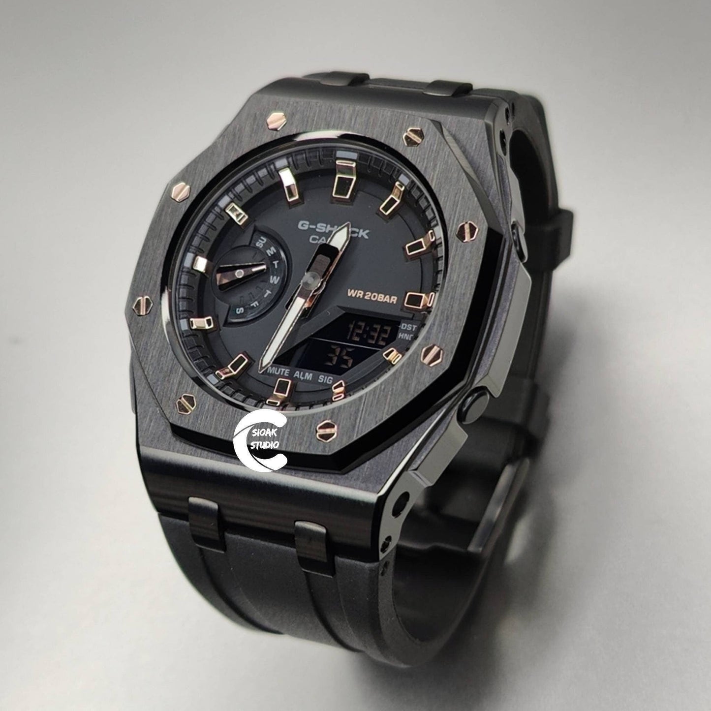 Casioak Mod Watch Offshore Superior Black Case Black Rubber Strap Black Rose Gold Time Mark Black Dial 42mm- Casioak Mod Casio G-Shock Royal Oak Custom Mens Luxury Watches Ga2100