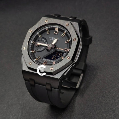 Casioak Mod Watch Offshore Superior Black Case Black Rubber Strap Black Rose Gold Time Mark Black Dial 42mm- Casioak Mod Casio G-Shock Royal Oak Custom Mens Luxury Watches Ga2100