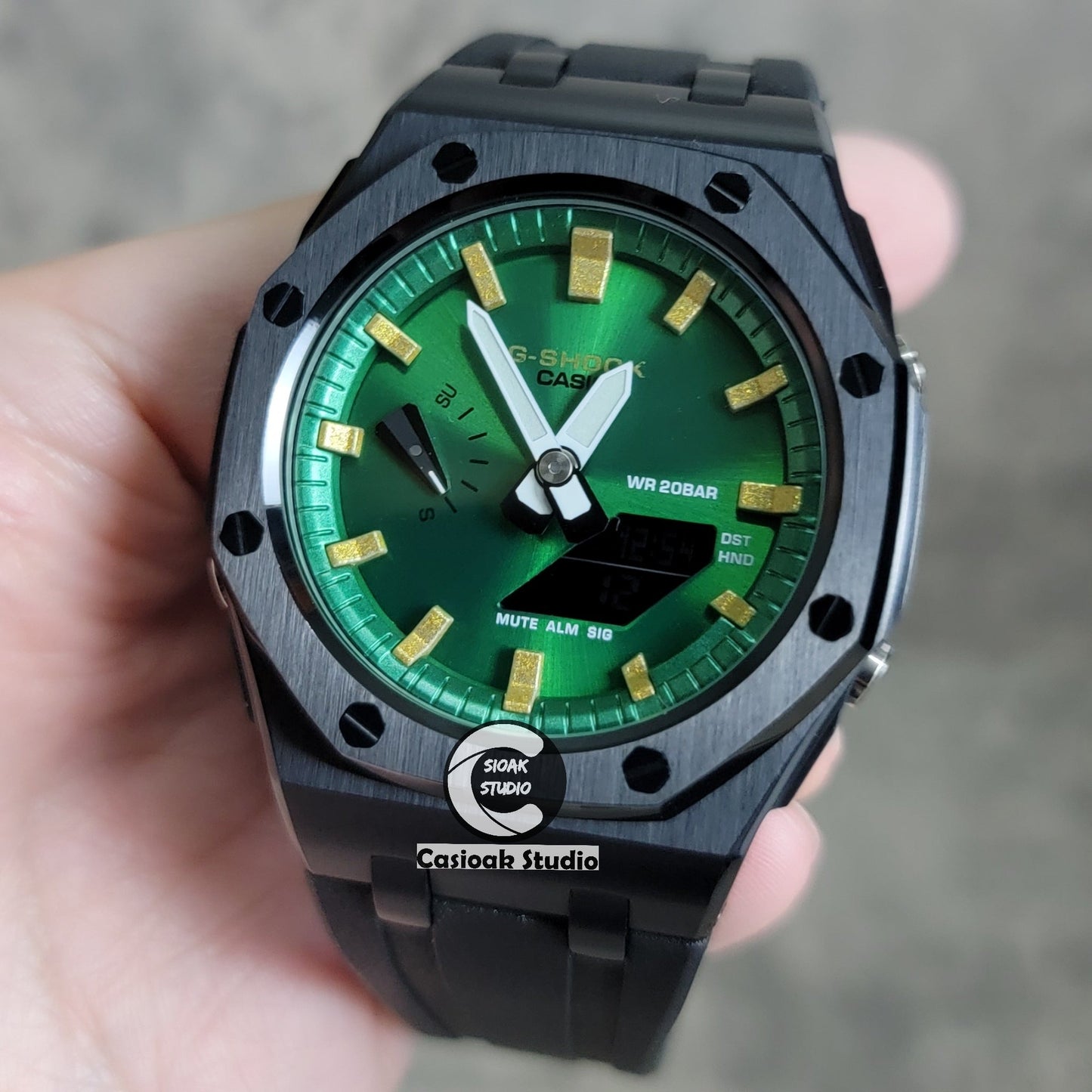 Casioak Mod Watch Offshore Superior Black Case Black Rubber Strap Green Gold Time Mark Green Dial 44mm- Casioak Mod Casio G-Shock Royal Oak Custom Mens Luxury Watches Ga2100