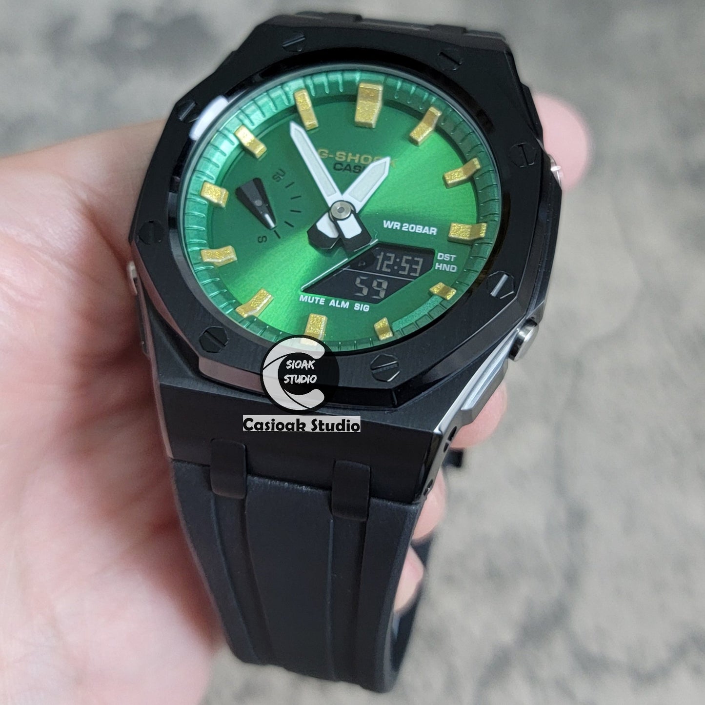 Casioak Mod Watch Offshore Superior Black Case Black Rubber Strap Green Gold Time Mark Green Dial 44mm- Casioak Mod Casio G-Shock Royal Oak Custom Mens Luxury Watches Ga2100