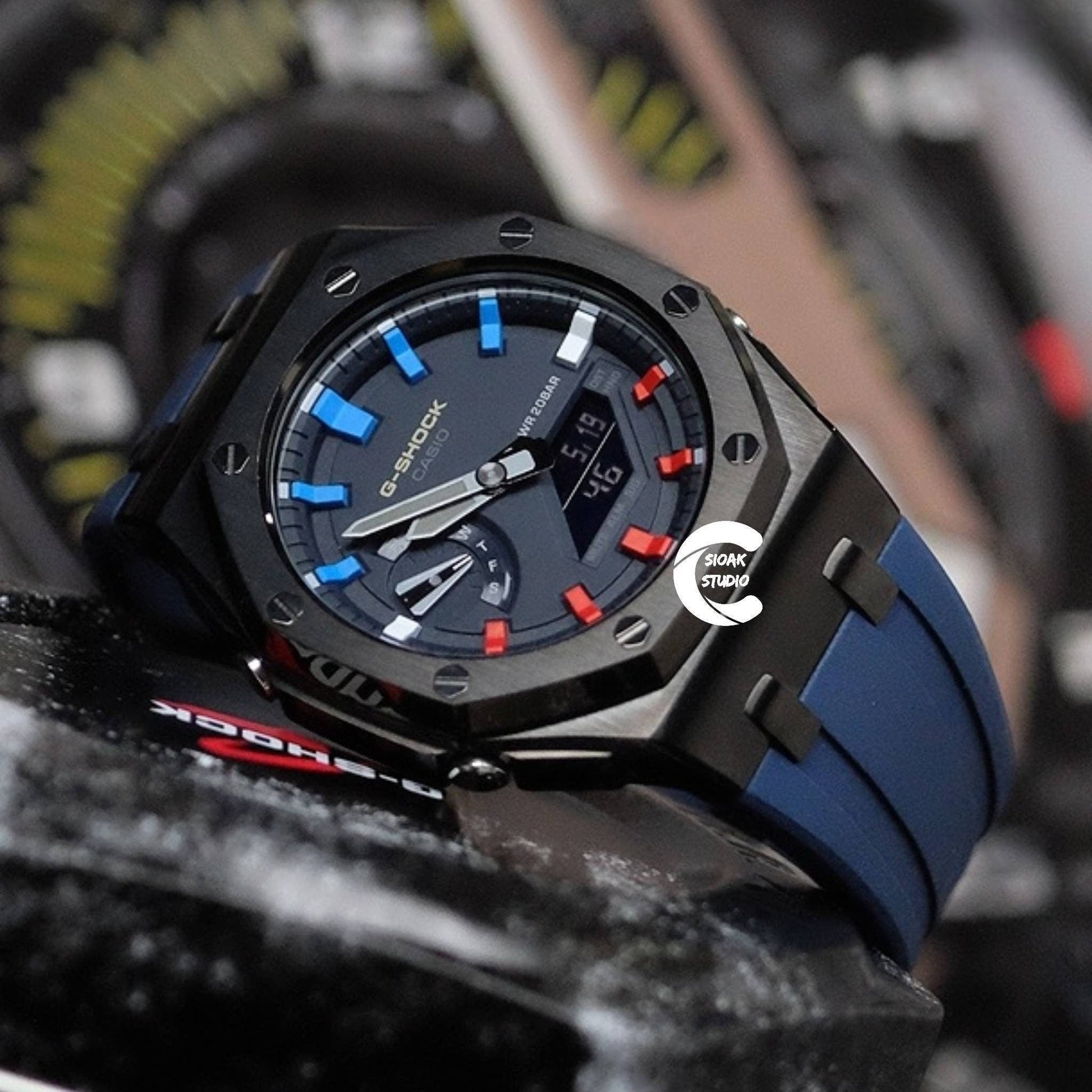 Casioak Mod Watch Offshore Superior Black Case Blue Rubber Rubber Strap Blue Rainbow Time Mark Blue Dial 44mm- Casioak Mod Casio G-Shock Royal Oak Custom Mens Luxury Watches Ga2100