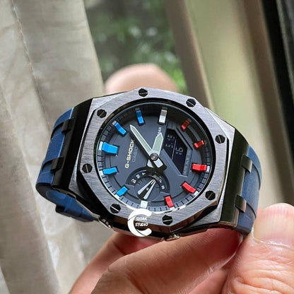 Casioak Mod Watch Offshore Superior Black Case Blue Rubber Rubber Strap Blue Rainbow Time Mark Blue Dial 44mm- Casioak Mod Casio G-Shock Royal Oak Custom Mens Luxury Watches Ga2100