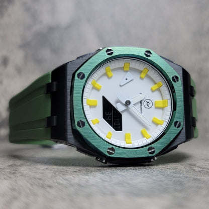 Casioak Mod Watch Offshore Superior Black Case Green Rubber Strap White Yellow Time Mark White Dial 44mm- Casioak Mod Casio G-Shock Royal Oak Custom Mens Luxury Watches Ga2100