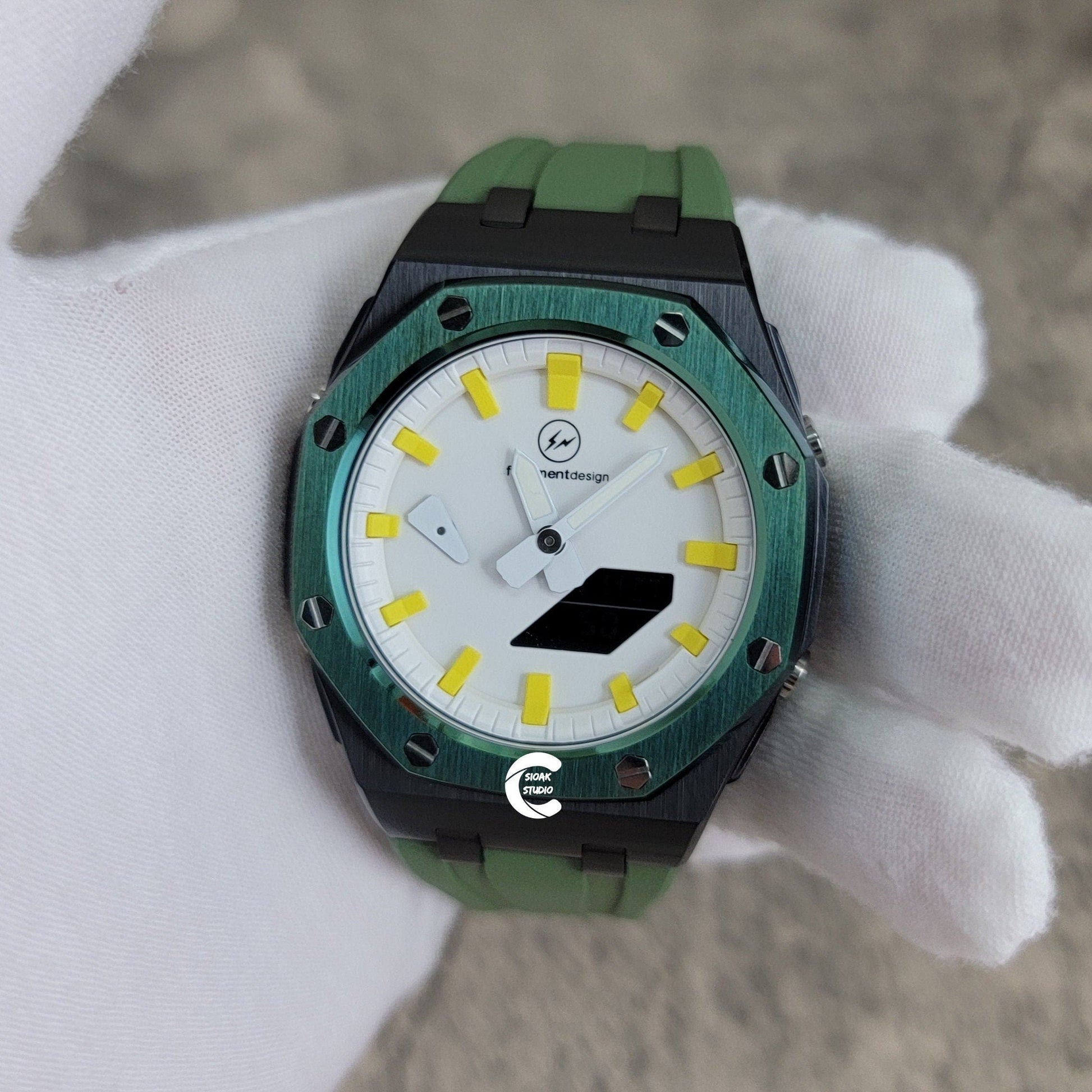 Casioak Mod Watch Offshore Superior Black Case Green Rubber Strap White Yellow Time Mark White Dial 44mm- Casioak Mod Casio G-Shock Royal Oak Custom Mens Luxury Watches Ga2100