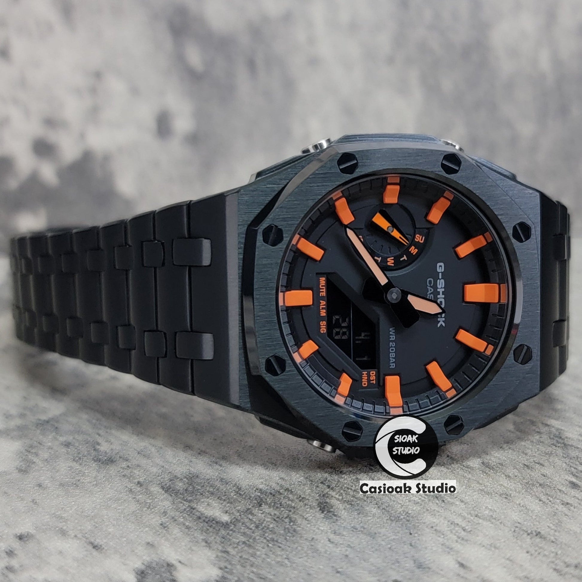 Casioak Mod Watch Offshore Superior Black Case Metal Strap Black Orange Time Mark Black Dial 44mm- Casioak Mod Casio G-Shock Royal Oak Custom Mens Luxury Watches Ga2100