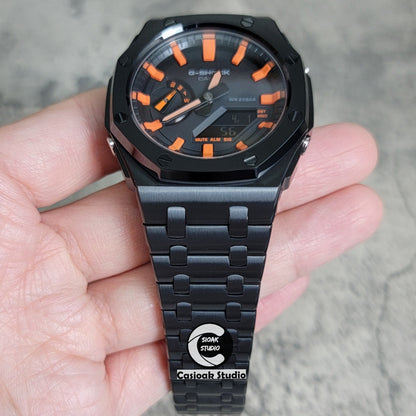 Casioak Mod Watch Offshore Superior Black Case Metal Strap Black Orange Time Mark Black Dial 44mm- Casioak Mod Casio G-Shock Royal Oak Custom Mens Luxury Watches Ga2100