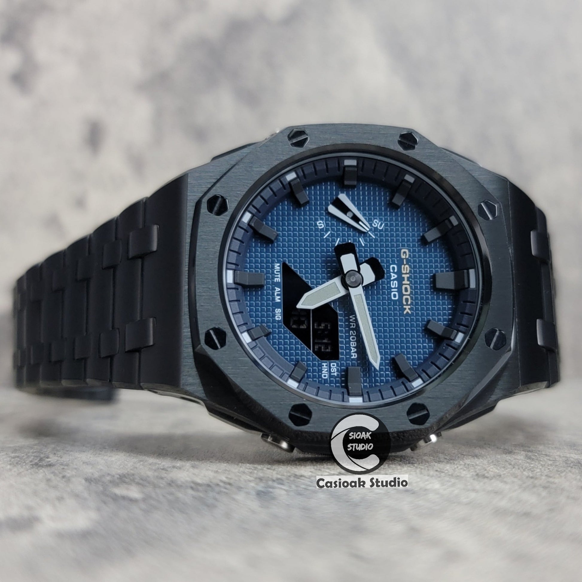 Casioak Mod Watch Offshore Superior Black Case Metal Strap Black Time Mark Blue Waffle Dial 44mm- Casioak Mod Casio G-Shock Royal Oak Custom Mens Luxury Watches Ga2100