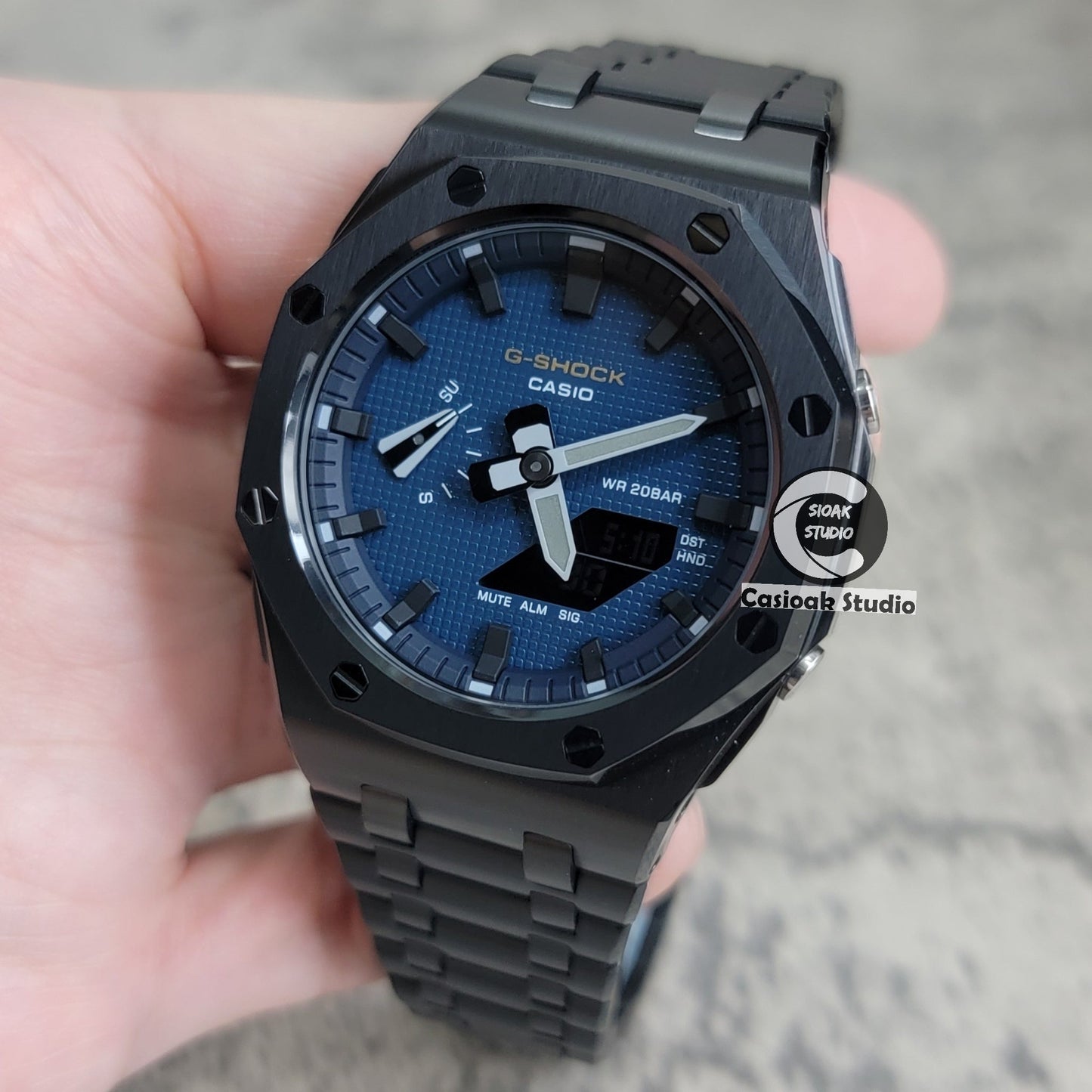 Casioak Mod Watch Offshore Superior Black Case Metal Strap Black Time Mark Blue Waffle Dial 44mm- Casioak Mod Casio G-Shock Royal Oak Custom Mens Luxury Watches Ga2100