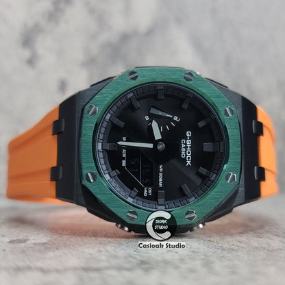 Casioak Mod Watch Offshore Superior Black Green Case Orange Rubber Rubber Strap Black Time Mark Black Dial 44mm- Casioak Mod Casio G-Shock Royal Oak Custom Mens Luxury Watches Ga2100