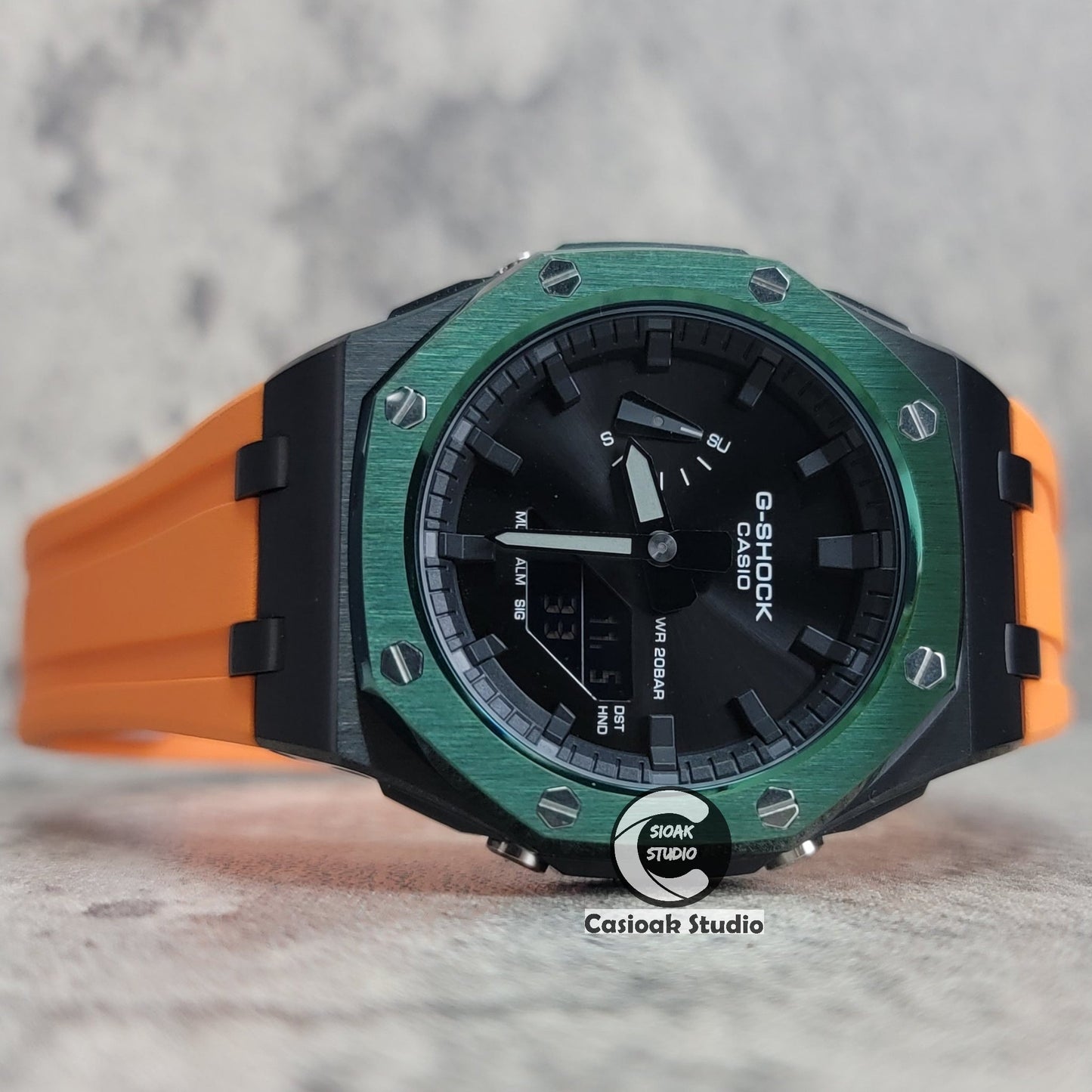 Casioak Mod Watch Offshore Superior Black Green Case Orange Rubber Rubber Strap Black Time Mark Black Dial 44mm- Casioak Mod Casio G-Shock Royal Oak Custom Mens Luxury Watches Ga2100