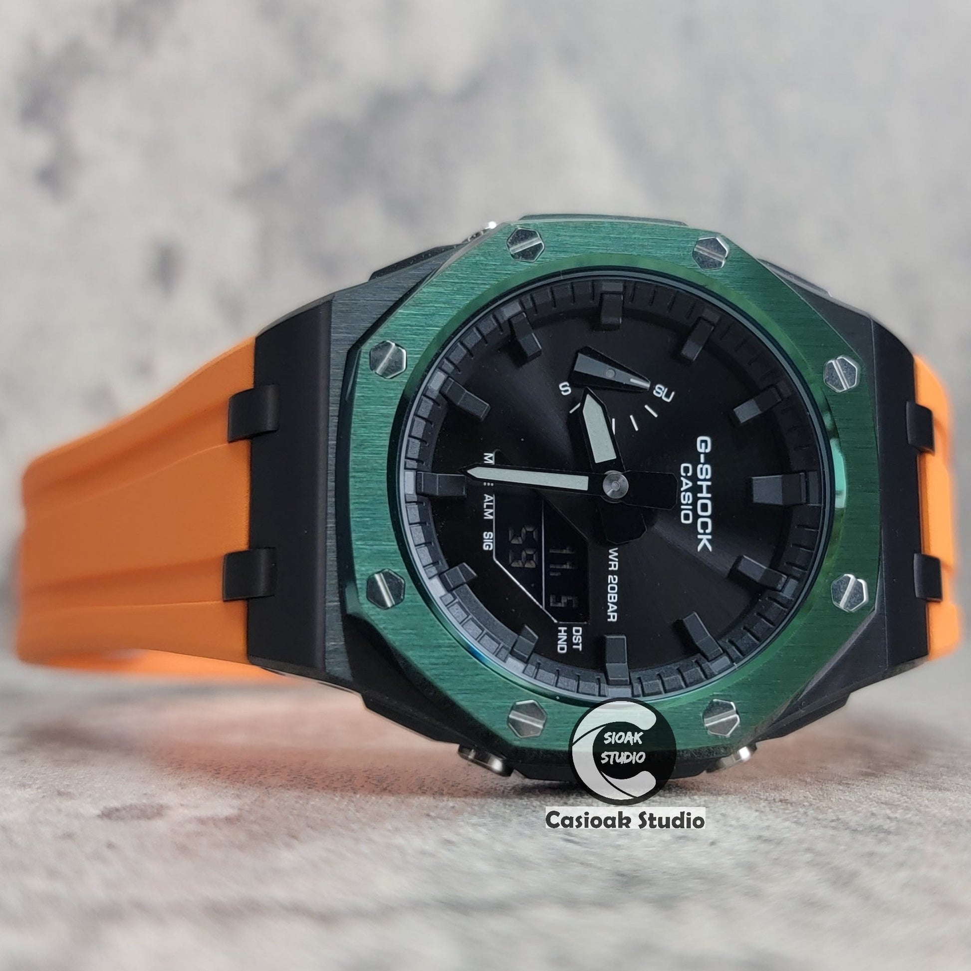 Casioak Mod Watch Offshore Superior Black Green Case Orange Rubber Rubber Strap Black Time Mark Black Dial 44mm- Casioak Mod Casio G-Shock Royal Oak Custom Mens Luxury Watches Ga2100