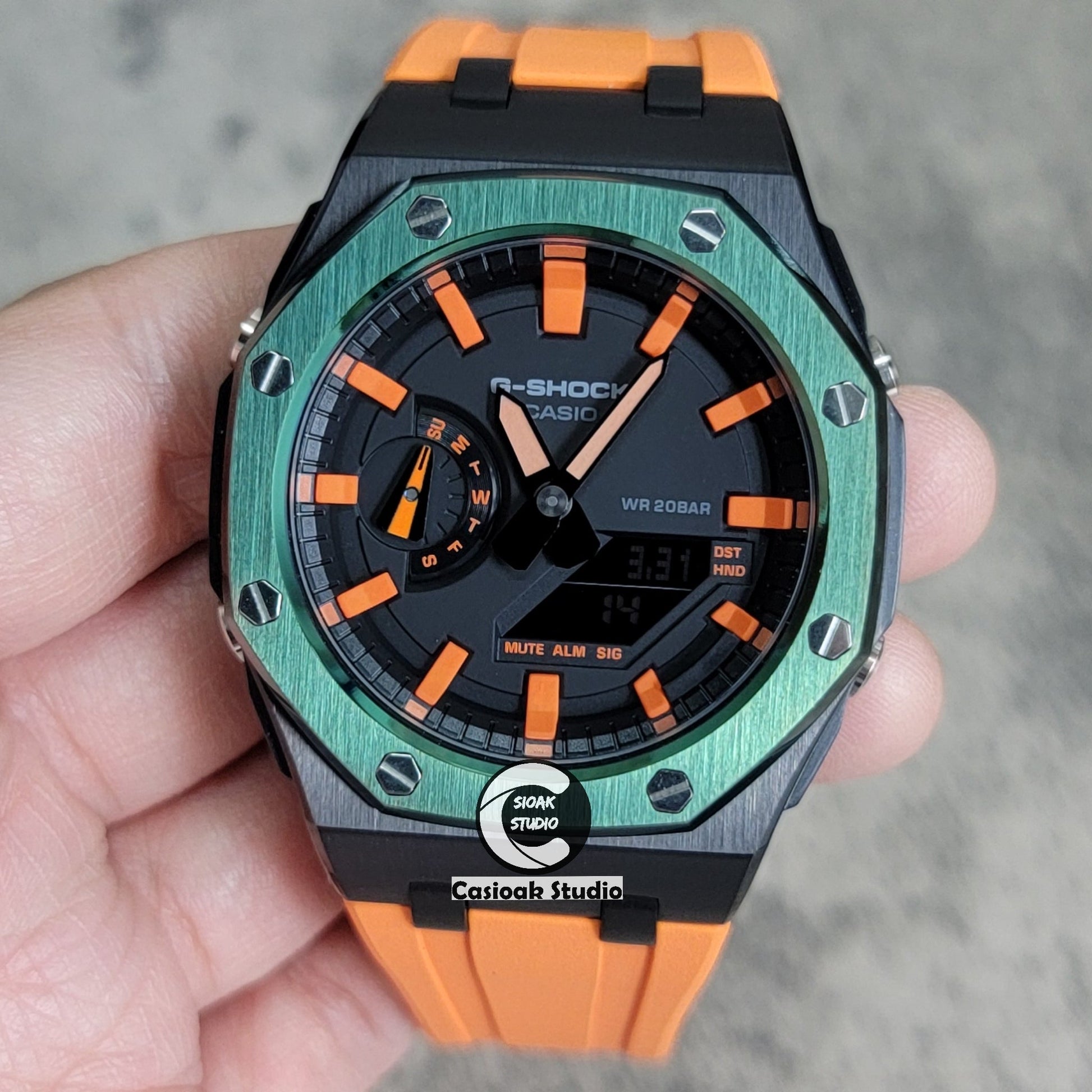 Casioak Mod Watch Offshore Superior Black Green Case Orange Rubber Strap Black Orange Time Mark Black Dial 44mm- Casioak Mod Casio G-Shock Royal Oak Custom Mens Luxury Watches Ga2100