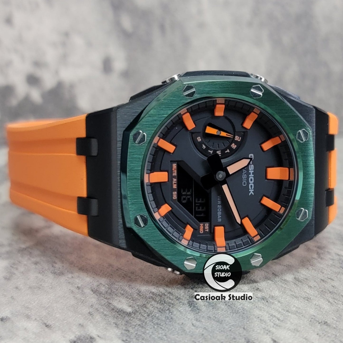 Casioak Mod Watch Offshore Superior Black Green Case Orange Rubber Strap Black Orange Time Mark Black Dial 44mm- Casioak Mod Casio G-Shock Royal Oak Custom Mens Luxury Watches Ga2100