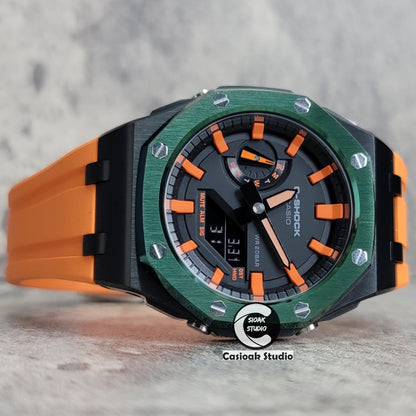 Casioak Mod Watch Offshore Superior Black Green Case Orange Rubber Strap Black Orange Time Mark Black Dial 44mm- Casioak Mod Casio G-Shock Royal Oak Custom Mens Luxury Watches Ga2100