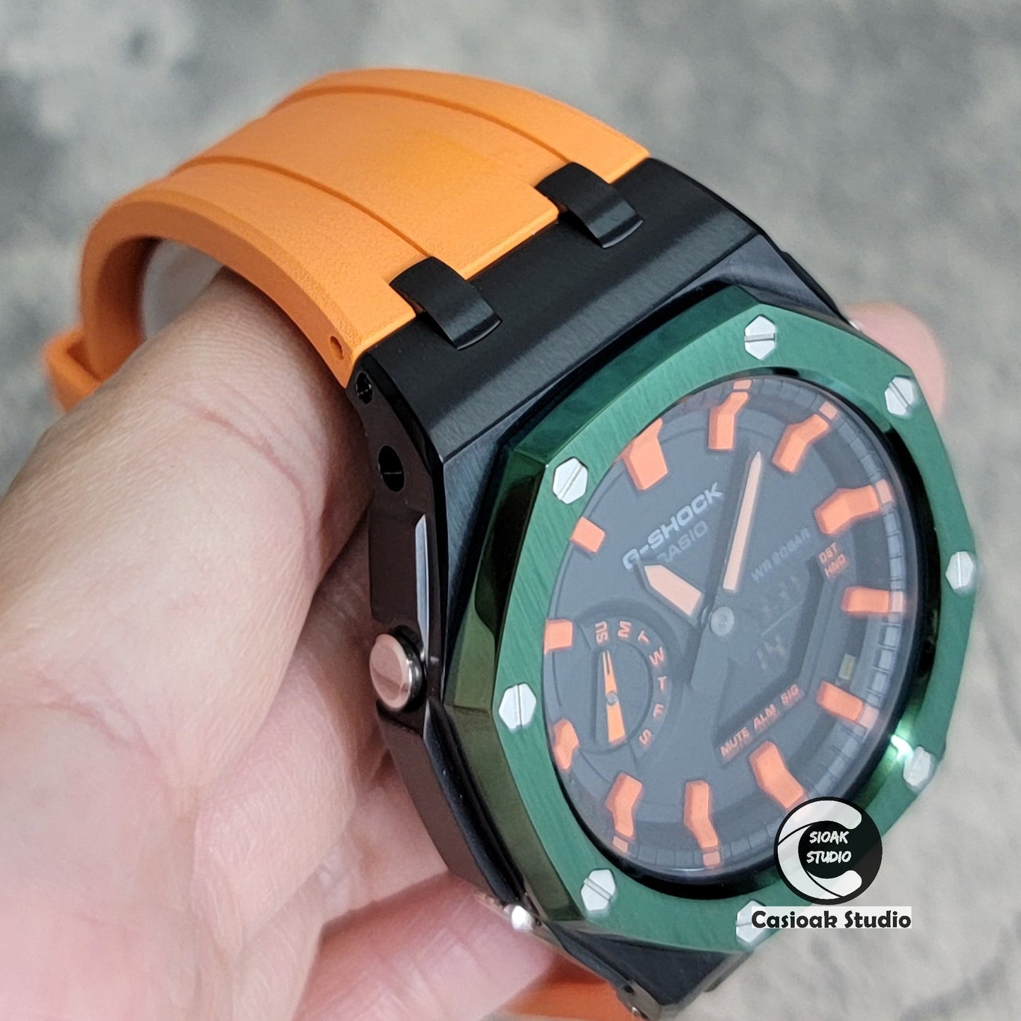 Casioak Mod Watch Offshore Superior Black Green Case Orange Rubber Strap Black Orange Time Mark Black Dial 44mm- Casioak Mod Casio G-Shock Royal Oak Custom Mens Luxury Watches Ga2100