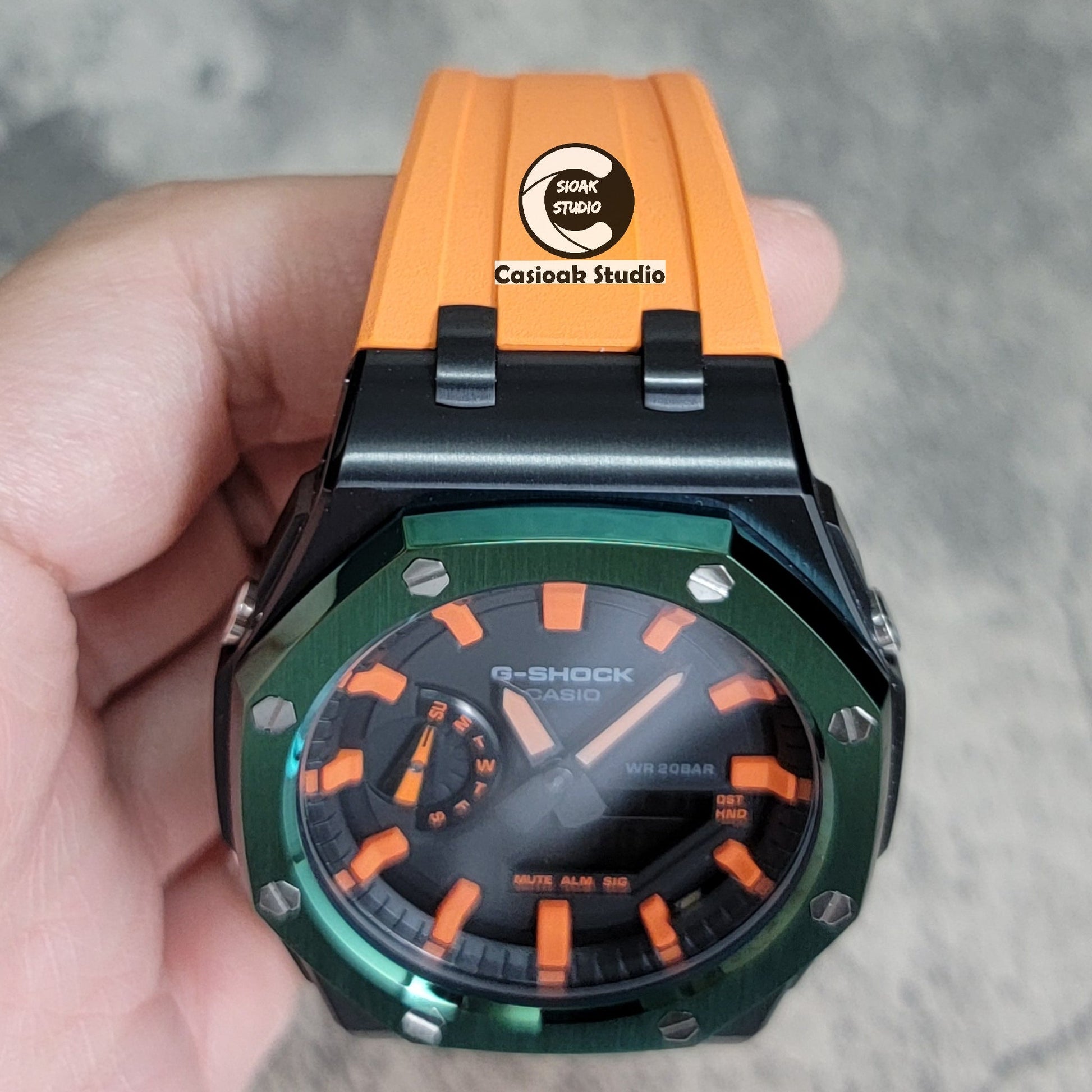 Casioak Mod Watch Offshore Superior Black Green Case Orange Rubber Strap Black Orange Time Mark Black Dial 44mm- Casioak Mod Casio G-Shock Royal Oak Custom Mens Luxury Watches Ga2100