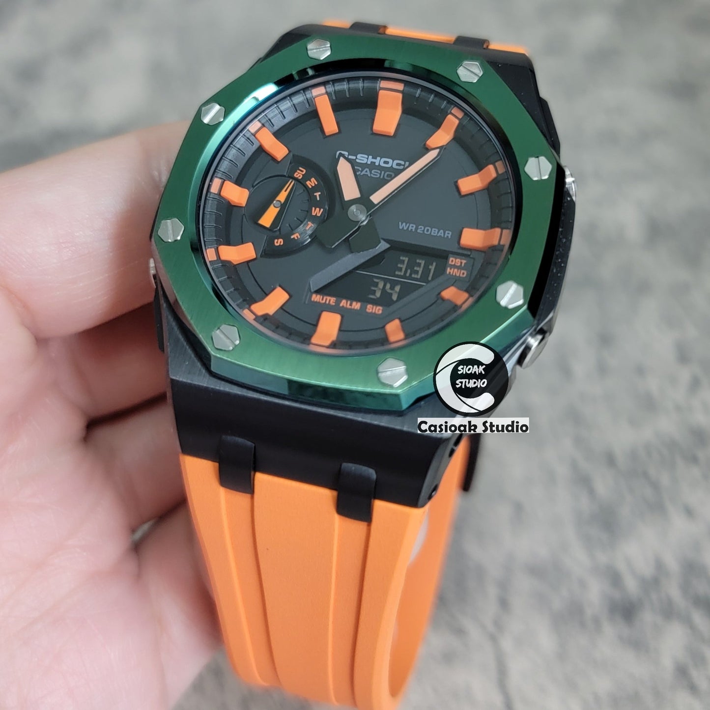 Casioak Mod Watch Offshore Superior Black Green Case Orange Rubber Strap Black Orange Time Mark Black Dial 44mm- Casioak Mod Casio G-Shock Royal Oak Custom Mens Luxury Watches Ga2100