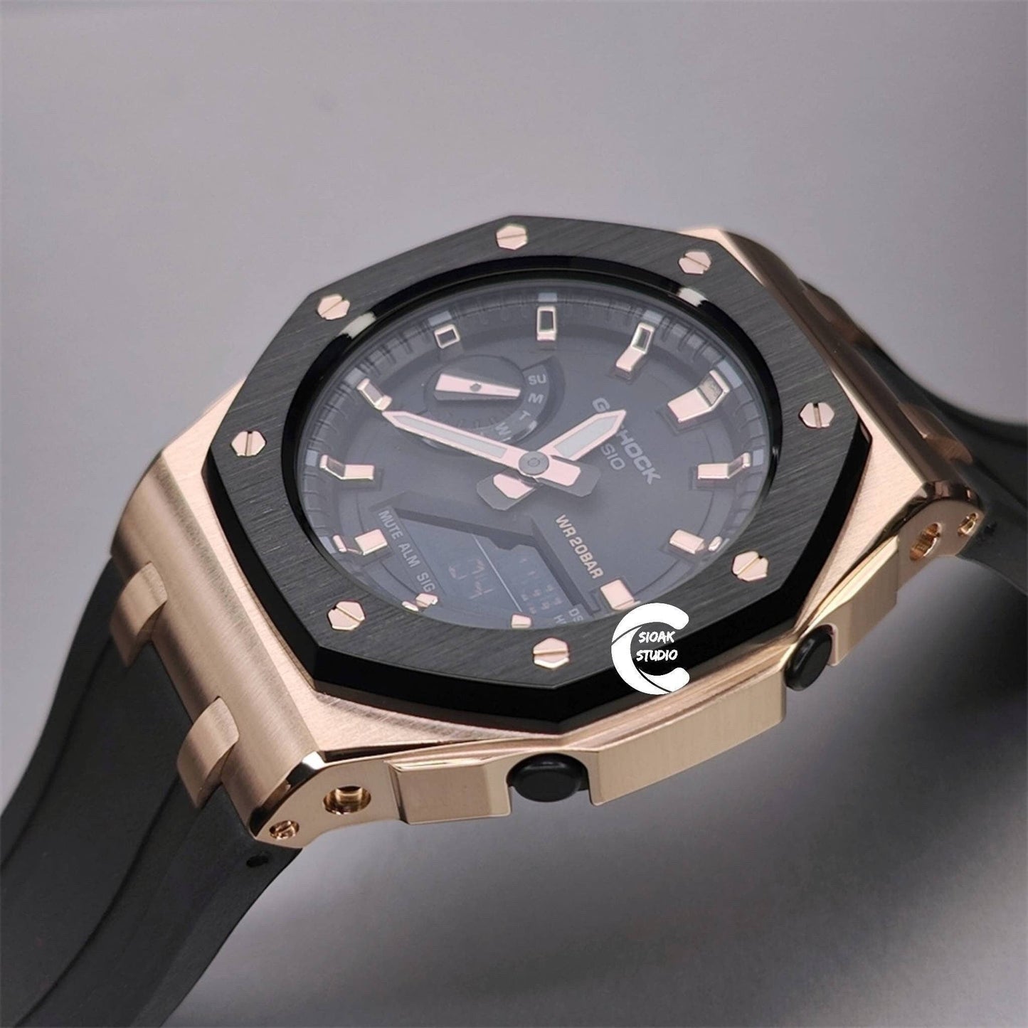 Casioak Mod Watch Offshore Superior Black Rose Gold Case Black Rubber Rubber Strap Black Rose Gold Time Mark Black Dial 42mm- Casioak Mod Casio G-Shock Royal Oak Custom Mens Luxury Watches Ga2100