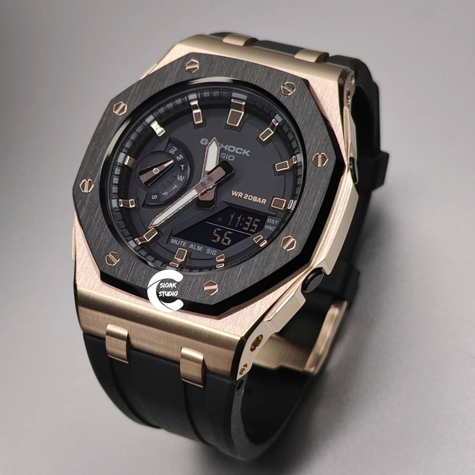 Casioak Mod Watch Offshore Superior Black Rose Gold Case Black Rubber Rubber Strap Black Rose Gold Time Mark Black Dial 42mm- Casioak Mod Casio G-Shock Royal Oak Custom Mens Luxury Watches Ga2100