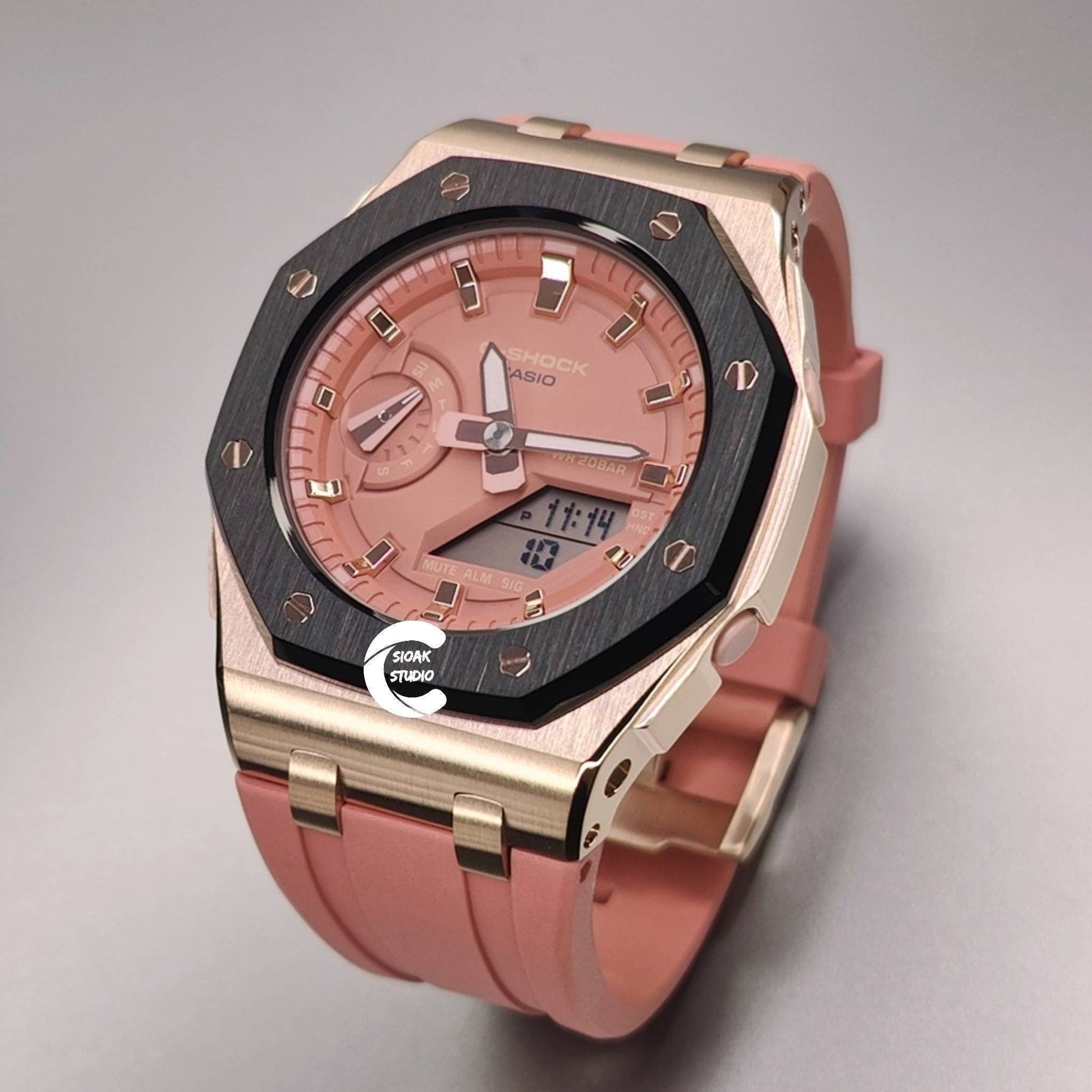 Casioak Mod Watch Offshore Superior Black Rose Gold Case Pink Strap Pink Rose Gold Time Mark Pink Dial 42mm- Casioak Mod Casio G-Shock Royal Oak Custom Mens Luxury Watches Ga2100