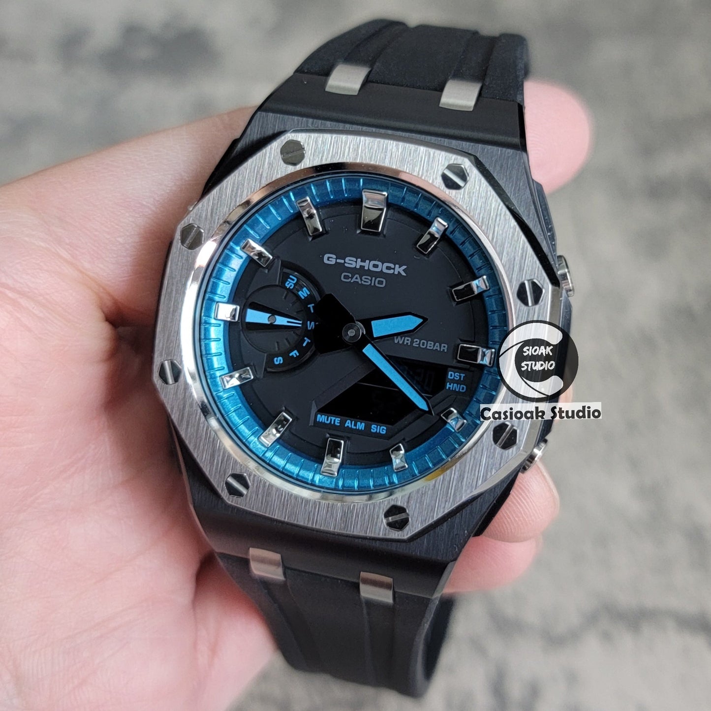 Casioak Mod Watch Offshore Superior Black Silver Case Black Rubber Rubber Strap Blue Silver Time Mark Black Dial 44mm- Casioak Mod Casio G-Shock Royal Oak Custom Mens Luxury Watches Ga2100