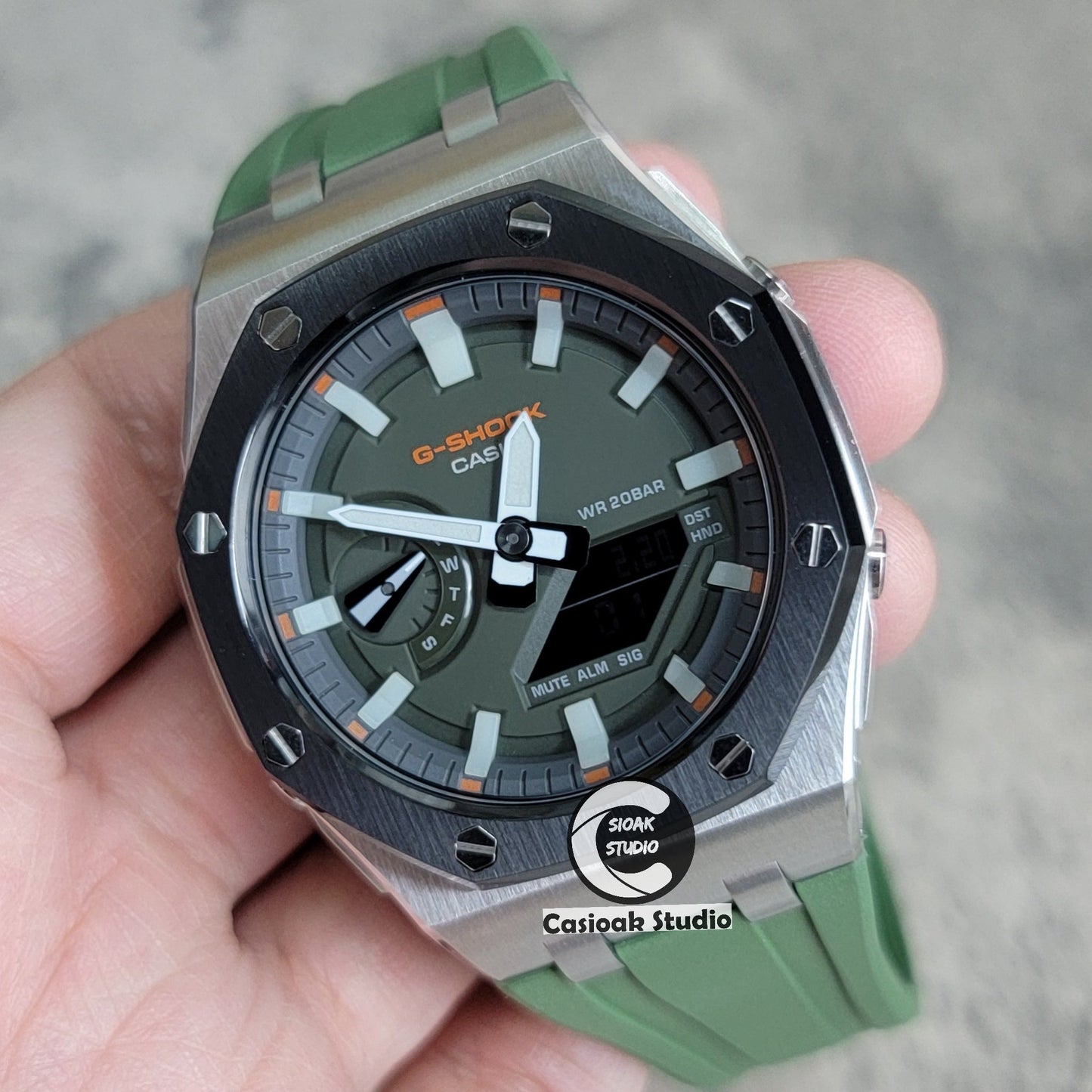 Casioak Mod Watch Offshore Superior Black Silver Case Black Rubber Strap Gray White Luminous Time Mark Olive Green Dial 44mm- Casioak Mod Casio G-Shock Royal Oak Custom Mens Luxury Watches Ga2100