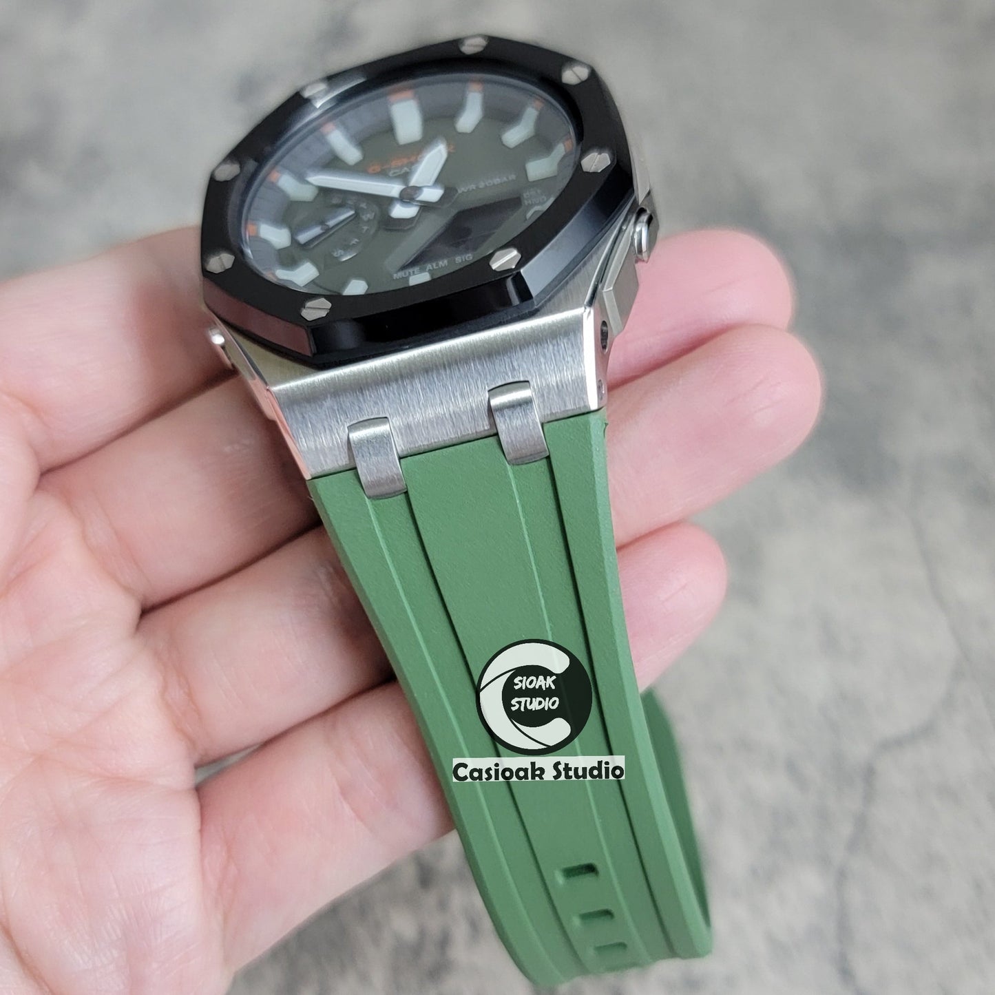 Casioak Mod Watch Offshore Superior Black Silver Case Black Rubber Strap Gray White Luminous Time Mark Olive Green Dial 44mm- Casioak Mod Casio G-Shock Royal Oak Custom Mens Luxury Watches Ga2100