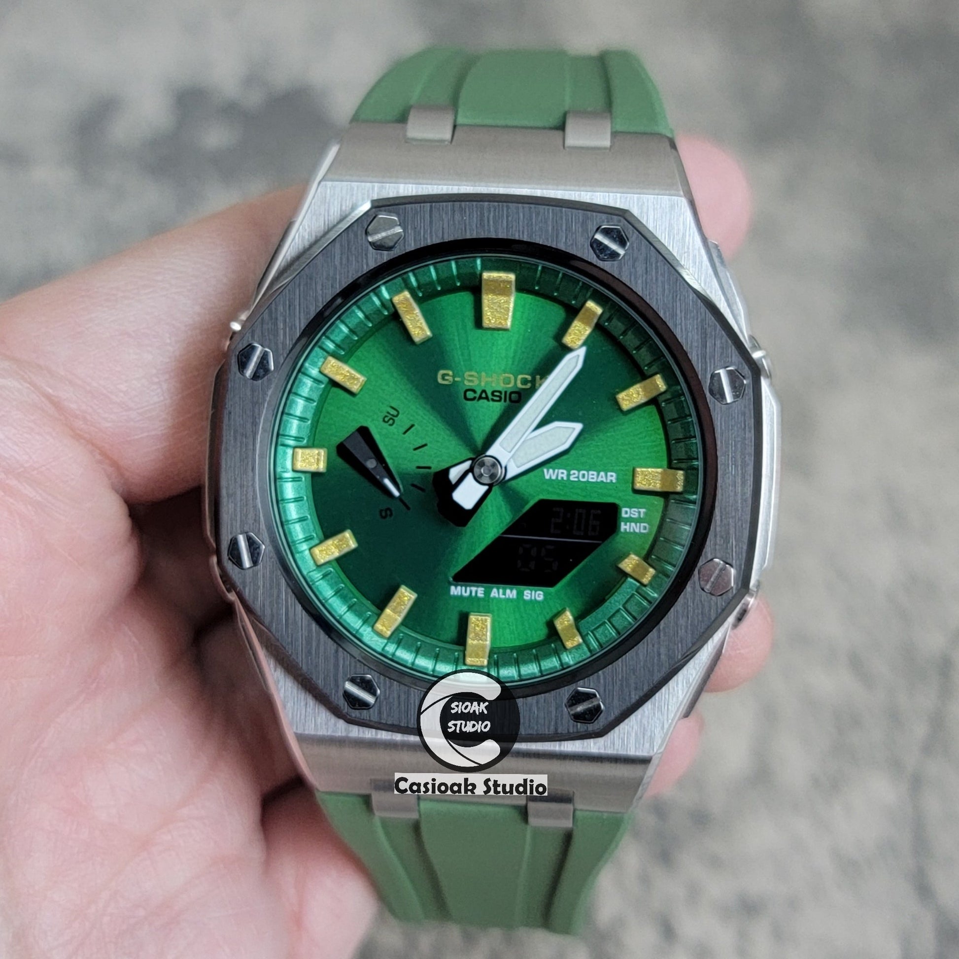 Casioak Mod Watch Offshore Superior Black Silver Case Black Rubber Strap Green Gold Time Mark Green Dial 44mm- Casioak Mod Casio G-Shock Royal Oak Custom Mens Luxury Watches Ga2100