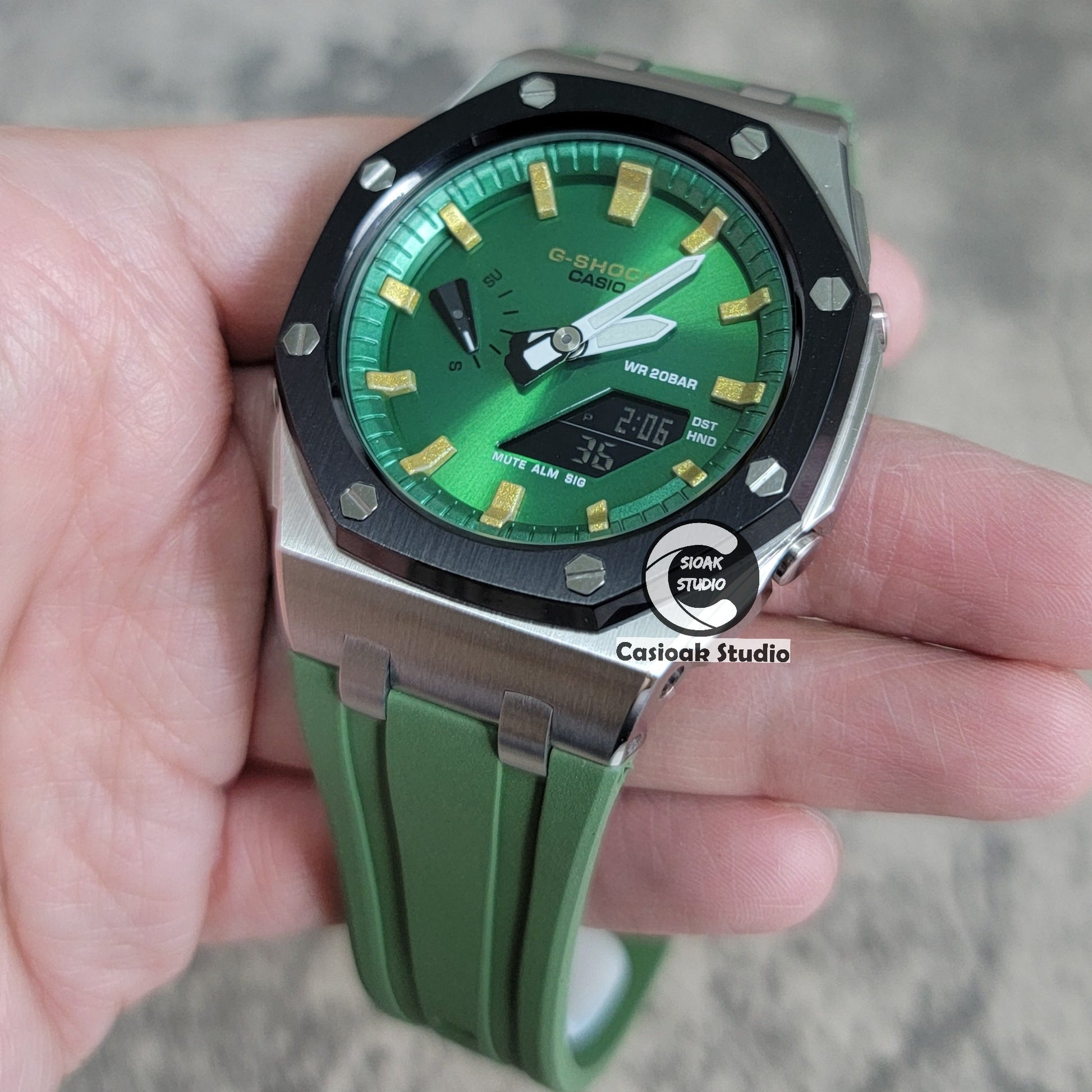 Casioak Mod Watch Offshore Superior Black Silver Case Black Rubber Strap Green Gold Time Mark Green Dial 44mm- Casioak Mod Casio G-Shock Royal Oak Custom Mens Luxury Watches Ga2100