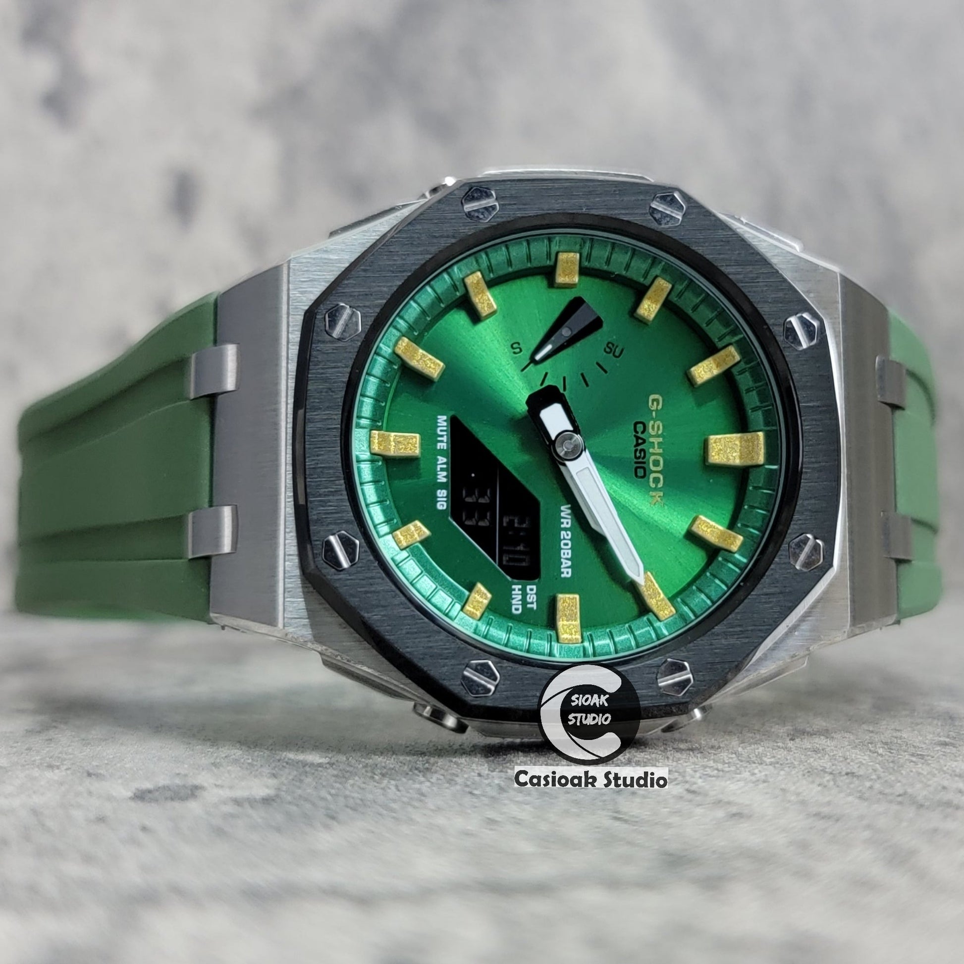 Casioak Mod Watch Offshore Superior Black Silver Case Black Rubber Strap Green Gold Time Mark Green Dial 44mm- Casioak Mod Casio G-Shock Royal Oak Custom Mens Luxury Watches Ga2100