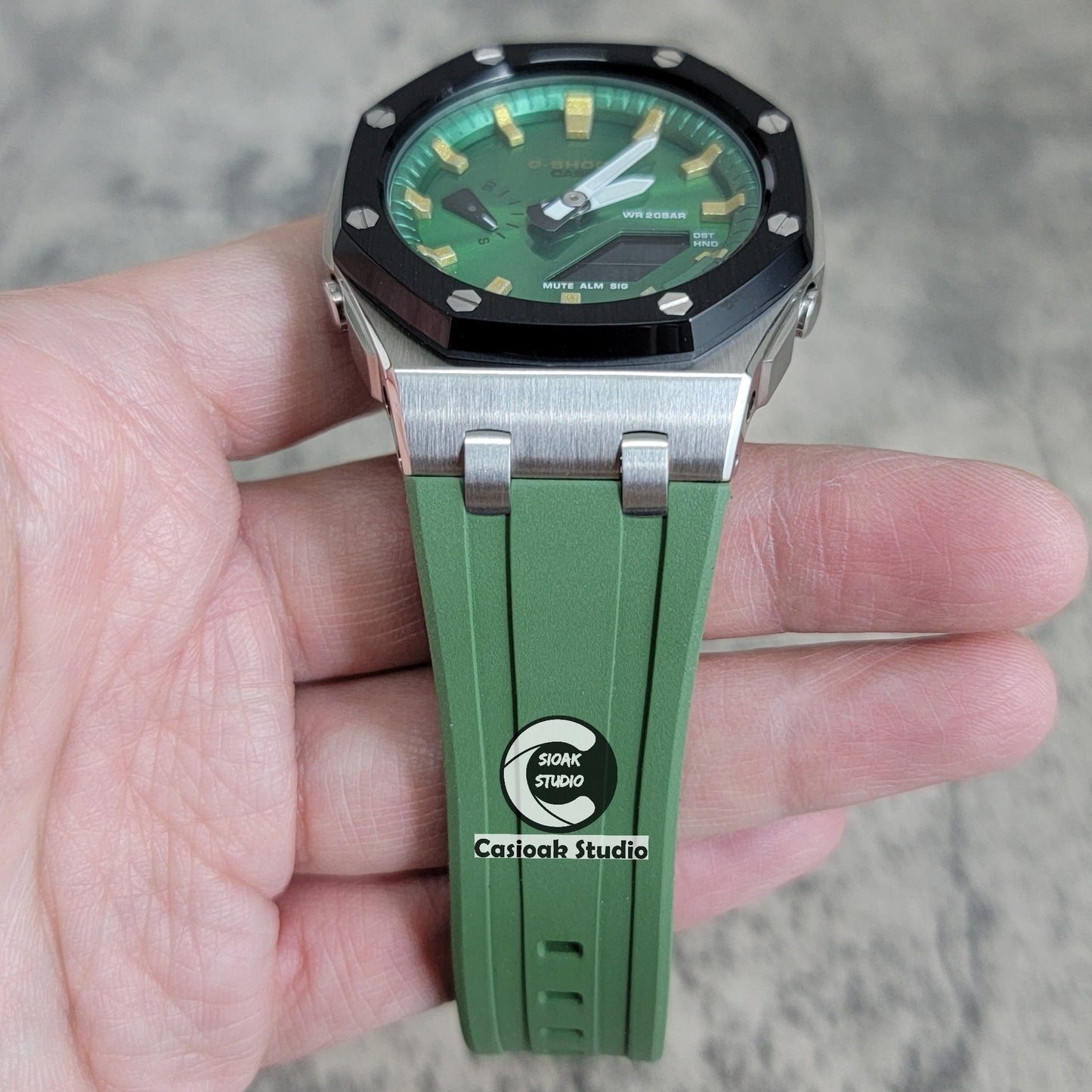 Casioak Mod Watch Offshore Superior Black Silver Case Black Rubber Strap Green Gold Time Mark Green Dial 44mm- Casioak Mod Casio G-Shock Royal Oak Custom Mens Luxury Watches Ga2100