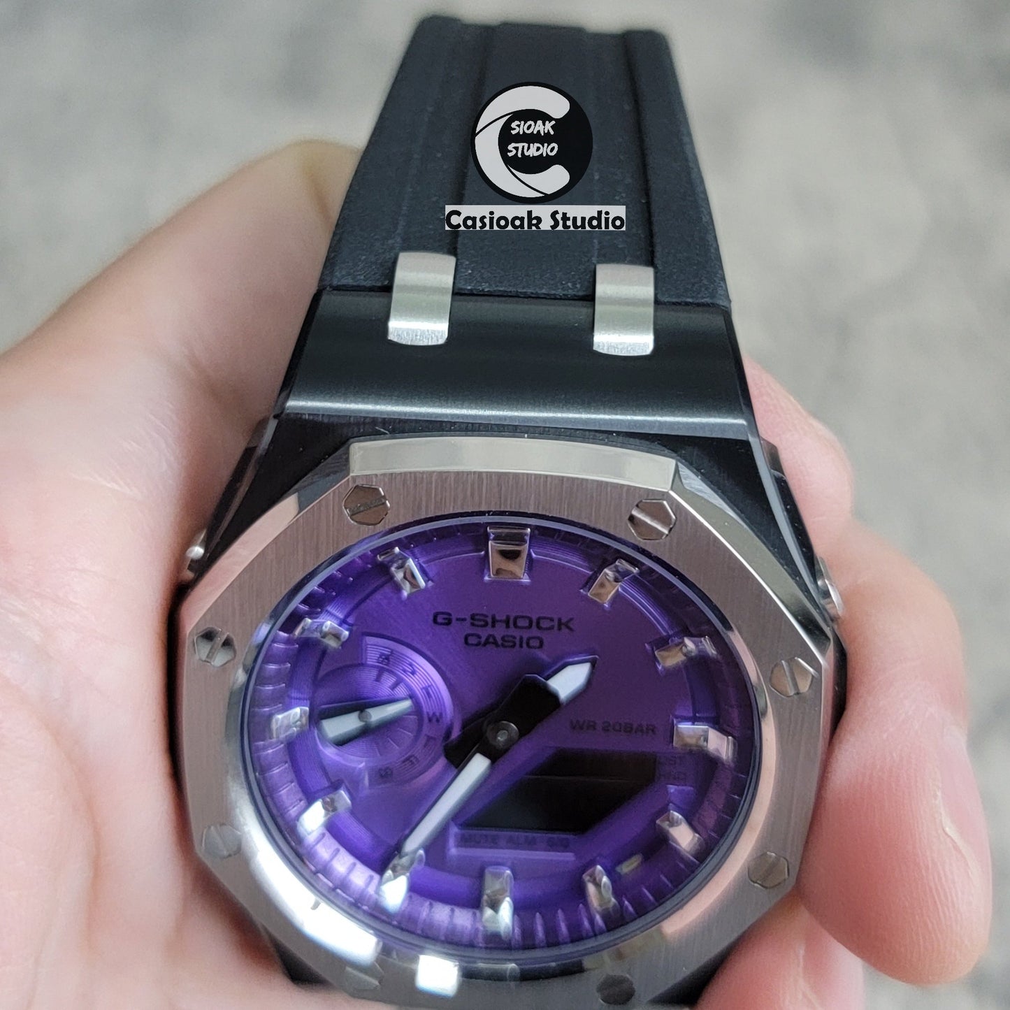 Casioak Mod Watch Offshore Superior Black Silver Case Black Rubber Strap Purple Silver Time Mark Purple Dial 44mm- Casioak Mod Casio G-Shock Royal Oak Custom Mens Luxury Watches Ga2100