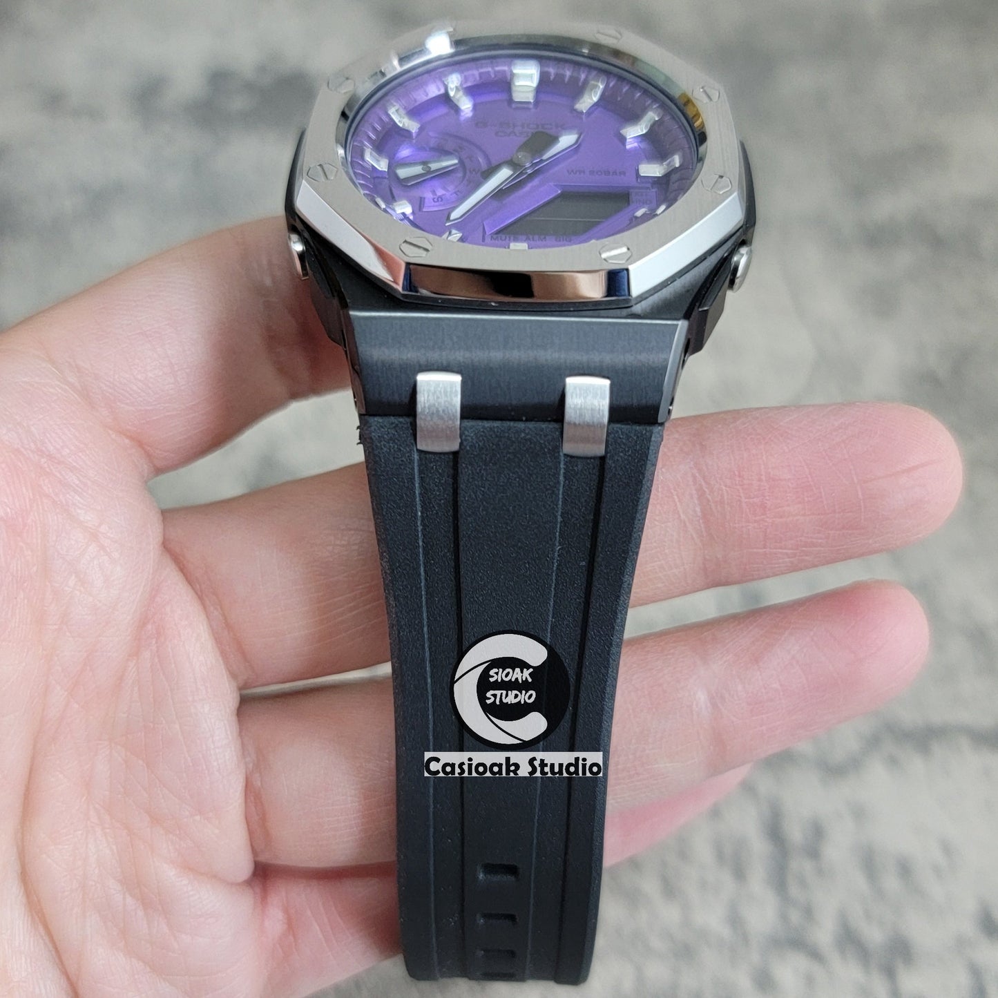 Casioak Mod Watch Offshore Superior Black Silver Case Black Rubber Strap Purple Silver Time Mark Purple Dial 44mm- Casioak Mod Casio G-Shock Royal Oak Custom Mens Luxury Watches Ga2100