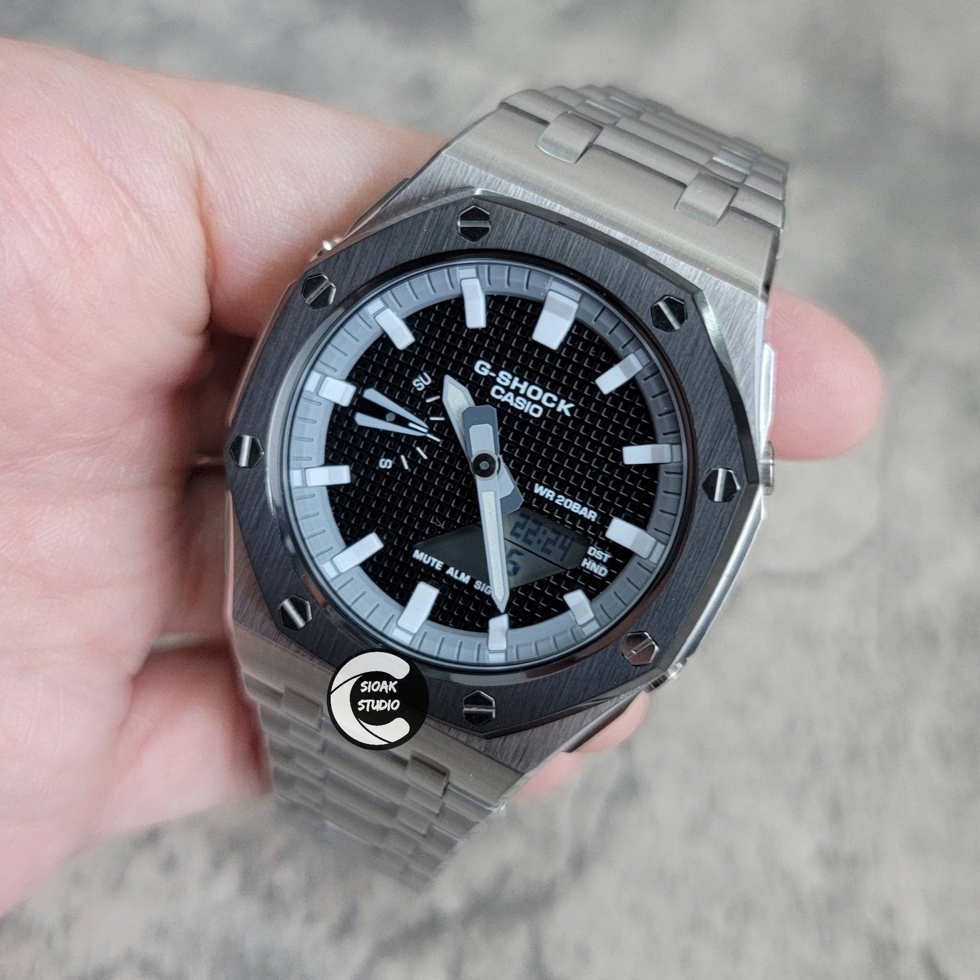 Casioak Mod Watch Offshore Superior Black Silver Case Metal Strap Gray White Time Mark Black Dial Waffle 44mm- Casioak Mod Casio G-Shock Royal Oak Custom Mens Luxury Watches Ga2100