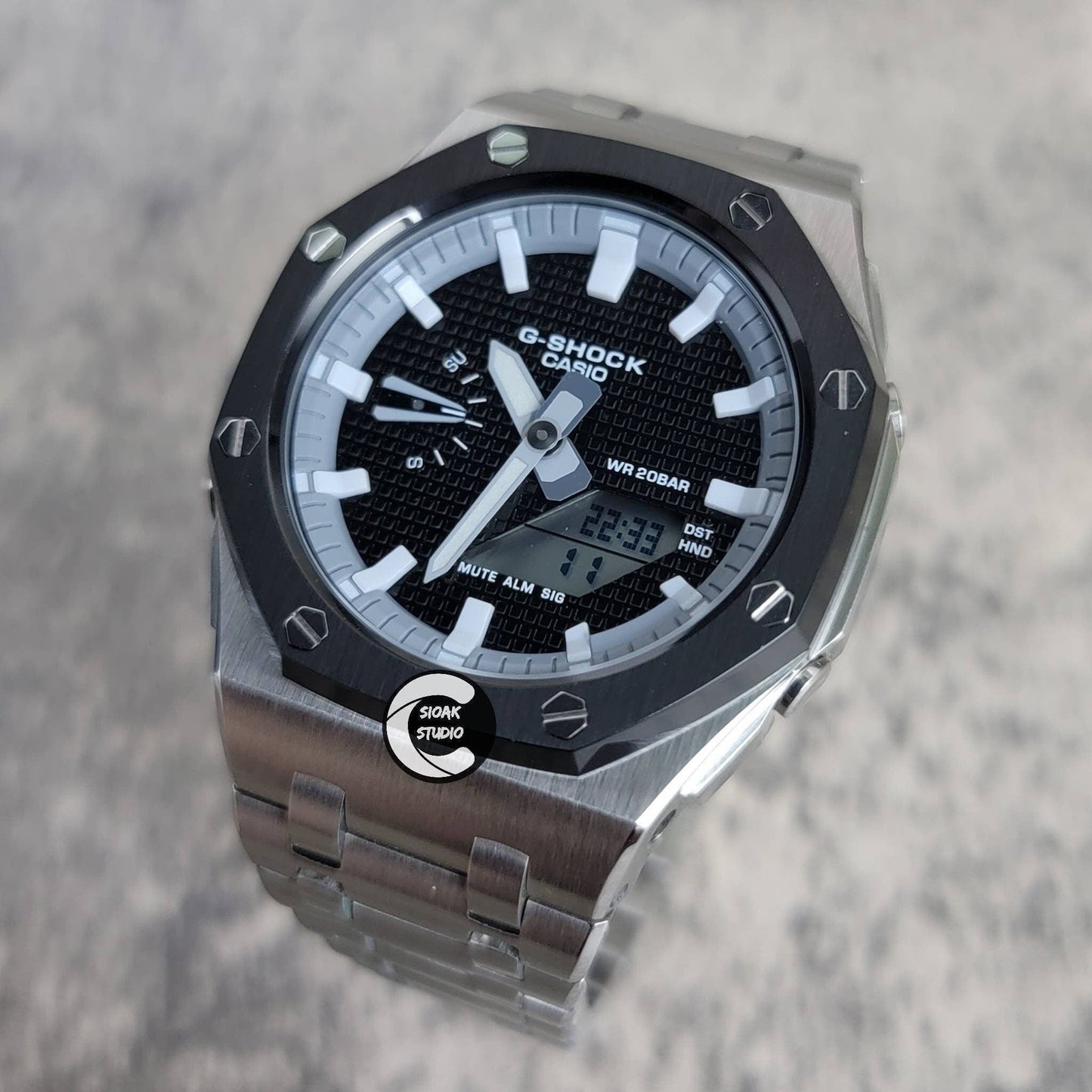 Casioak Mod Watch Offshore Superior Black Silver Case Metal Strap Gray White Time Mark Black Dial Waffle 44mm- Casioak Mod Casio G-Shock Royal Oak Custom Mens Luxury Watches Ga2100