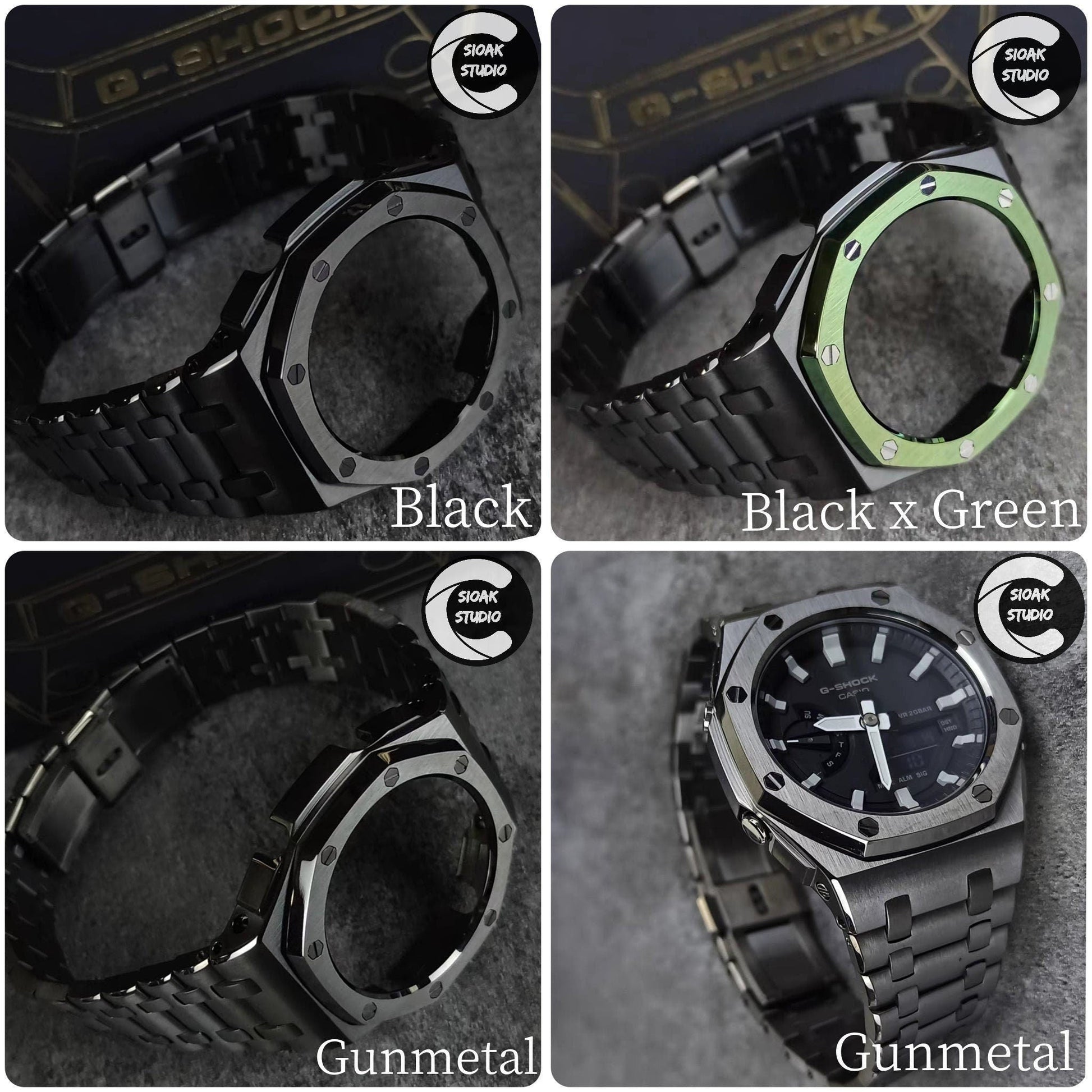 Casioak Mod Watch Offshore Superior Black Silver Case Metal Strap Gray White Time Mark Black Dial Waffle 44mm- Casioak Mod Casio G-Shock Royal Oak Custom Mens Luxury Watches Ga2100