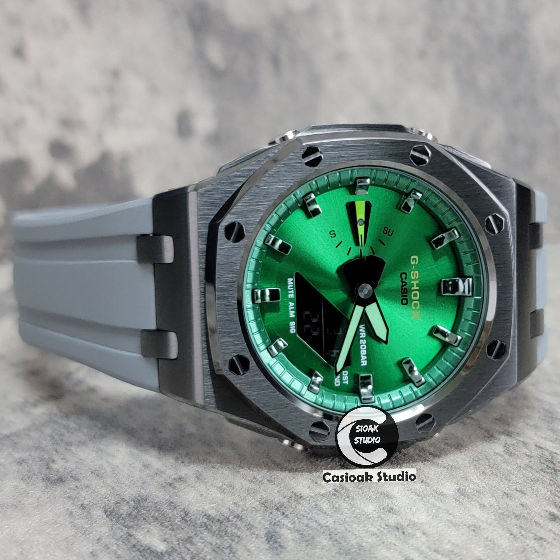 Casioak Mod Watch Offshore Superior Gray Case Black Rubber Strap Green Gray Time Mark Green Dial 44mm- Casioak Mod Casio G-Shock Royal Oak Custom Mens Luxury Watches Ga2100