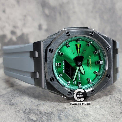 Casioak Mod Watch Offshore Superior Gray Case Black Rubber Strap Green Gray Time Mark Green Dial 44mm- Casioak Mod Casio G-Shock Royal Oak Custom Mens Luxury Watches Ga2100