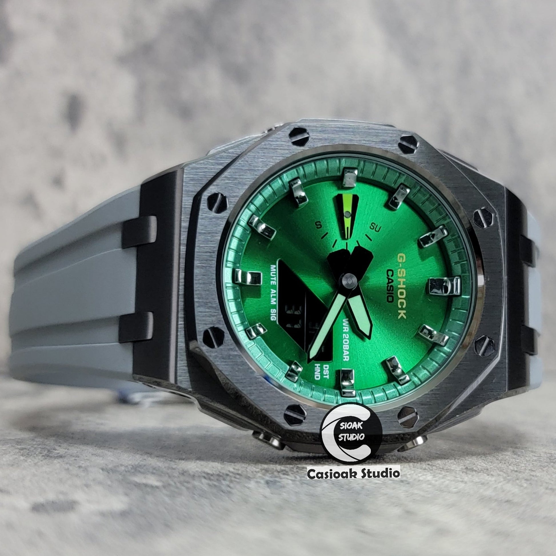 Casioak Mod Watch Offshore Superior Gray Case Black Rubber Strap Green Gray Time Mark Green Dial 44mm- Casioak Mod Casio G-Shock Royal Oak Custom Mens Luxury Watches Ga2100