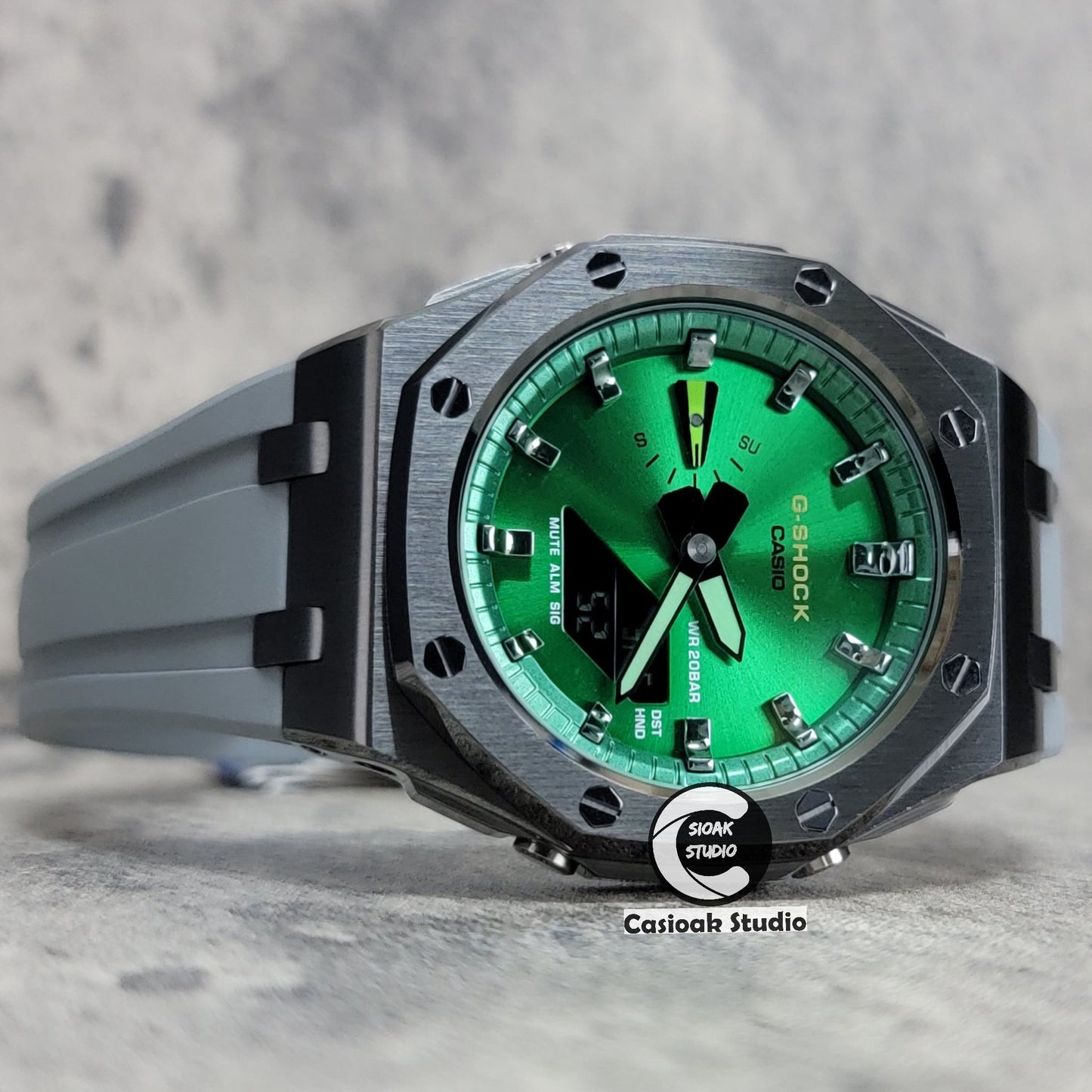 Casioak Mod Watch Offshore Superior Gray Case Black Rubber Strap Green Gray Time Mark Green Dial 44mm- Casioak Mod Casio G-Shock Royal Oak Custom Mens Luxury Watches Ga2100