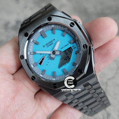 Casioak Mod Watch Offshore Superior Gray Case Metal Strap Gray Time Mark Tiff Blue Dial 44mm- Casioak Mod Casio G-Shock Royal Oak Custom Mens Luxury Watches Ga2100