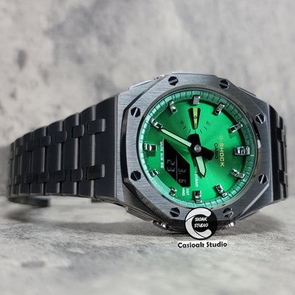 Casioak Mod Watch Offshore Superior Gray Case Metal Strap Green Gray Time Mark Green Dial 44mm- Casioak Mod Casio G-Shock Royal Oak Custom Mens Luxury Watches Ga2100