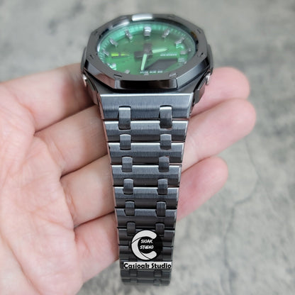 Casioak Mod Watch Offshore Superior Gray Case Metal Strap Green Gray Time Mark Green Dial 44mm- Casioak Mod Casio G-Shock Royal Oak Custom Mens Luxury Watches Ga2100